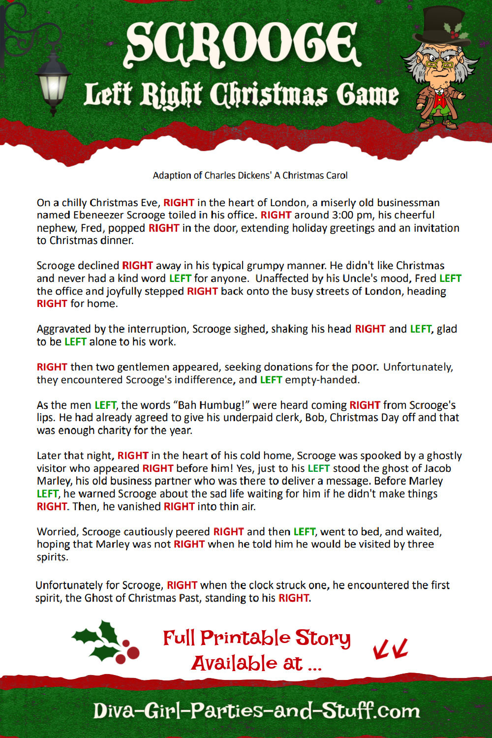 Printable Left Right Christmas Game Story Of Scrooge in Left And Right Christmas Game Printable