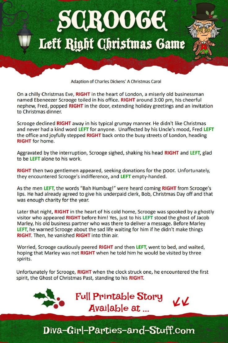 Printable Left Right Christmas Game Story Of Scrooge intended for Christmas Right Left Story Funny Printable