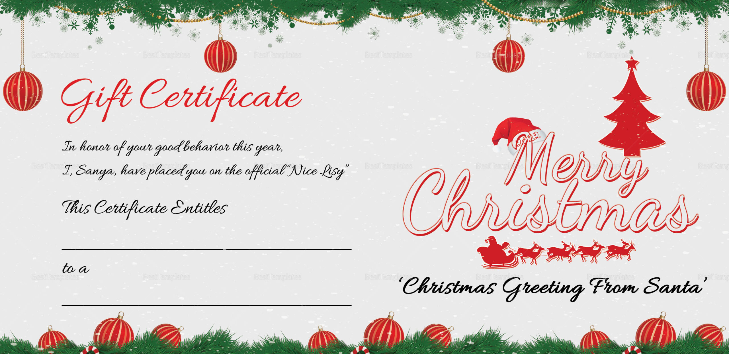 Printable Merry Christmas Gift Certificate Template In Adobe Photoshop in Christmas Certificates Free Printable