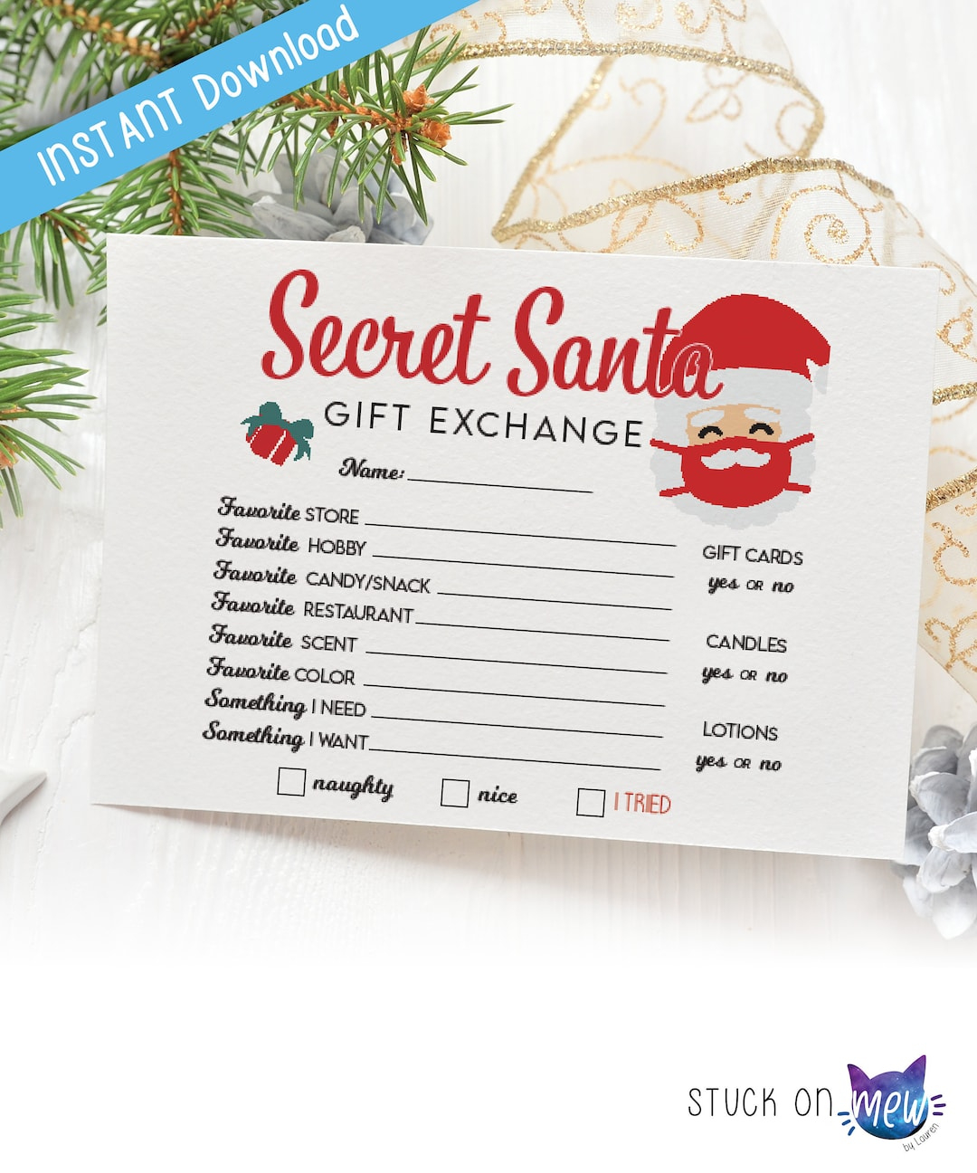 Printable Secret Santa Gift Exchange, Christmas Secret Santa intended for Christmas Likes And Dislikes List Printable