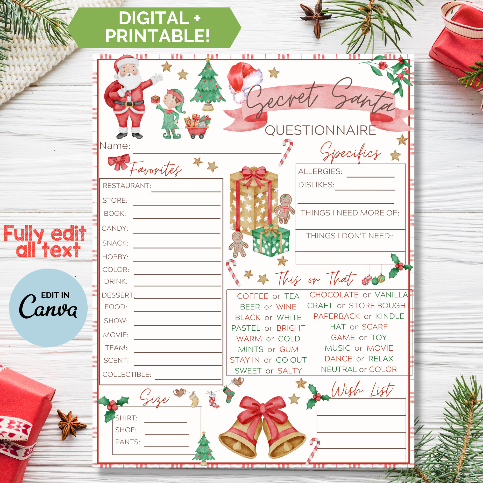 Printable Secret Santa Gift Exchange Questionnaire For Christmas in Christmas Likes And Dislikes List Printable