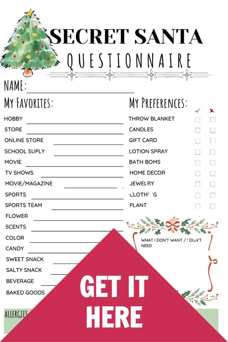 Printable Secret Santa Questionnaire | Christmas Wish List Gift with Christmas Exchange List Printable