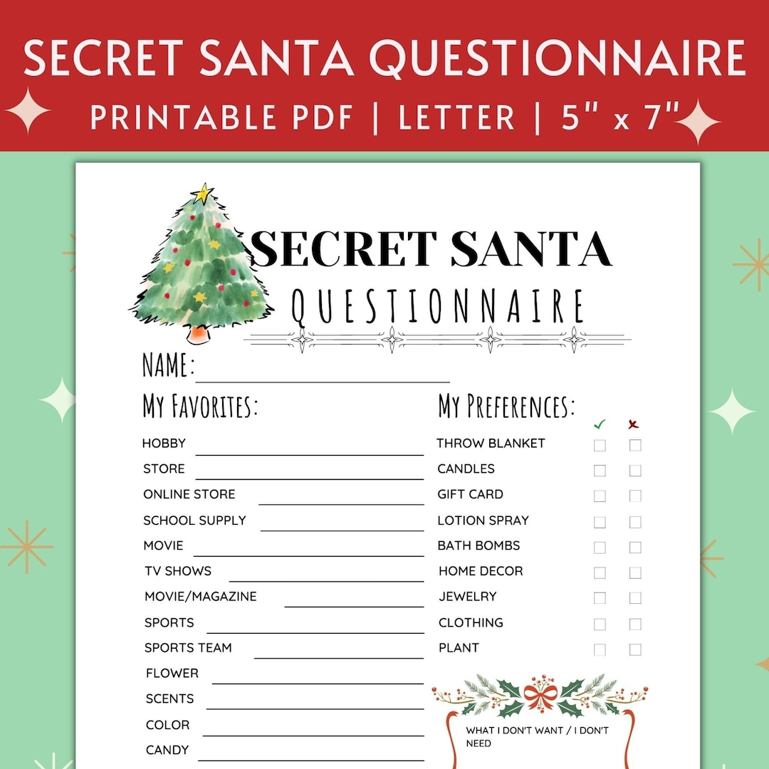 Printable Secret Santa Questionnaire For Christmas Gift Exchange intended for Christmas Secret Santa Form Printable