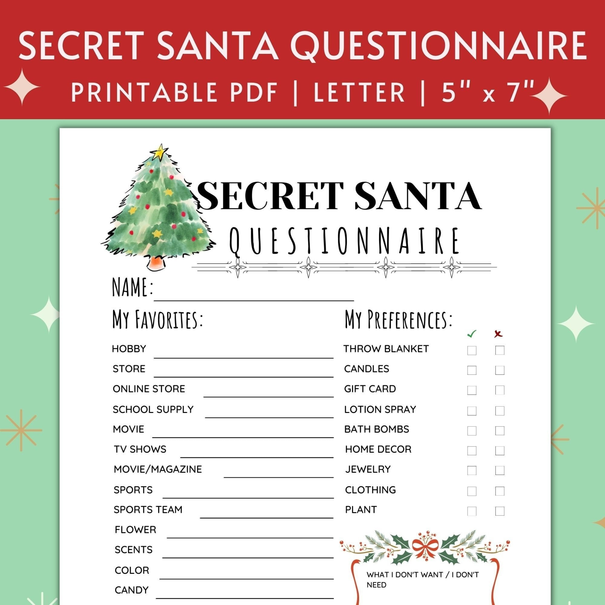 Printable Secret Santa Questionnaire For Christmas Gift Exchange regarding Christmas Exchange List Printable