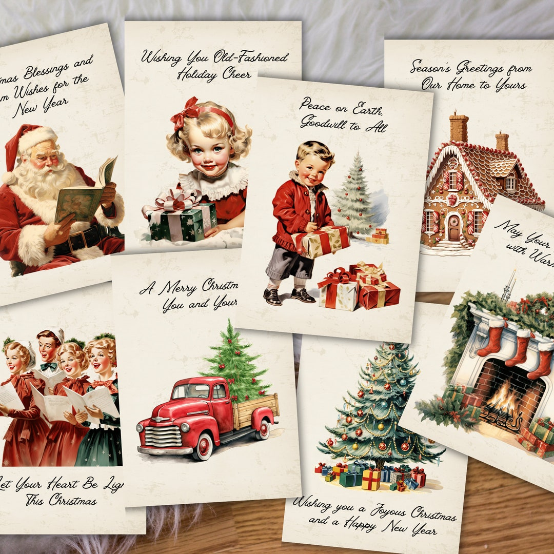 Printable Vintage Christmas Cards, Vintage Holiday Greeting Cards,  Christmas Card Bundle, Christmas Card Set Of 8, Retro Christmas Cards in Printable Vintage Christmas Card