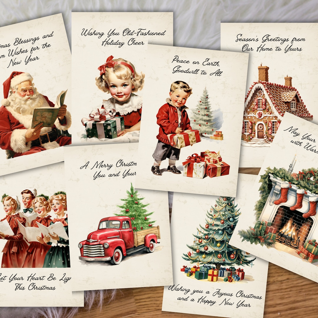 Printable Vintage Christmas Cards, Vintage Holiday Greeting Cards,  Christmas Card Bundle, Christmas Card Set Of 8, Retro Christmas Cards intended for Printable Vintage Christmas Postcard