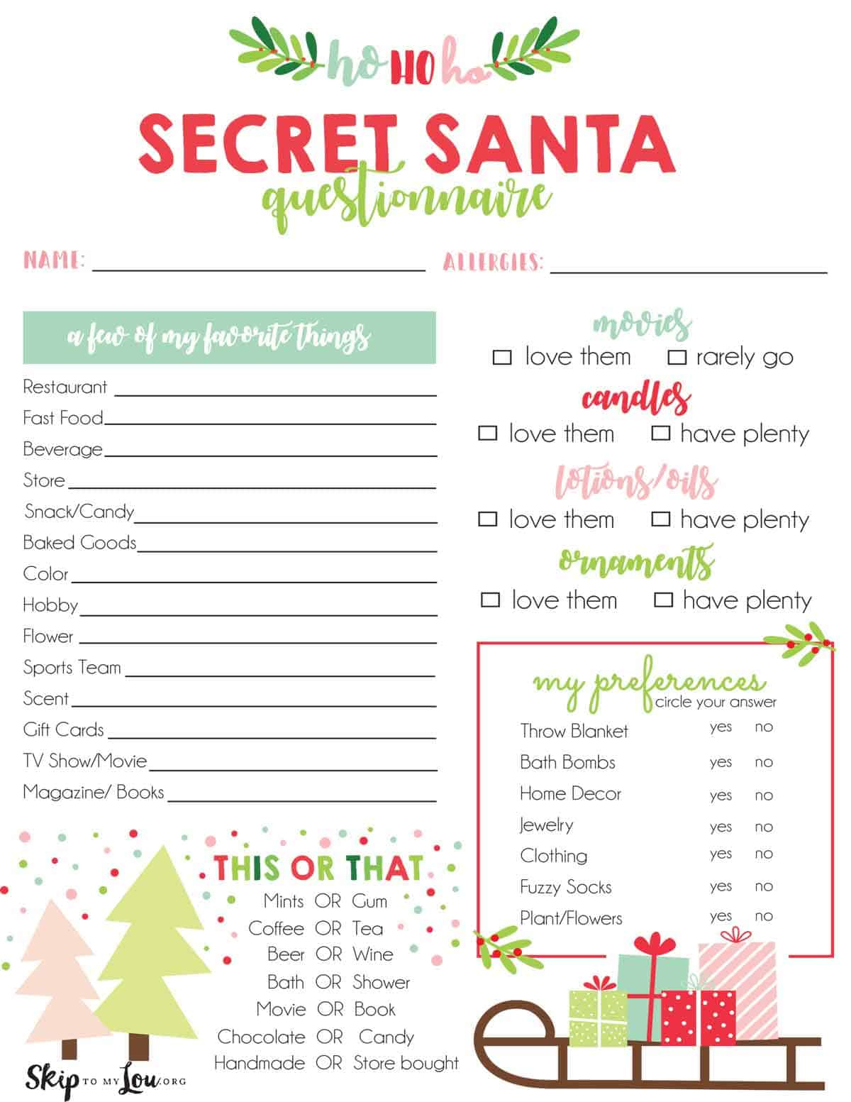 Secret Santa Questionnaire | Skip To My Lou throughout Christmas Secret Santa Form Printable