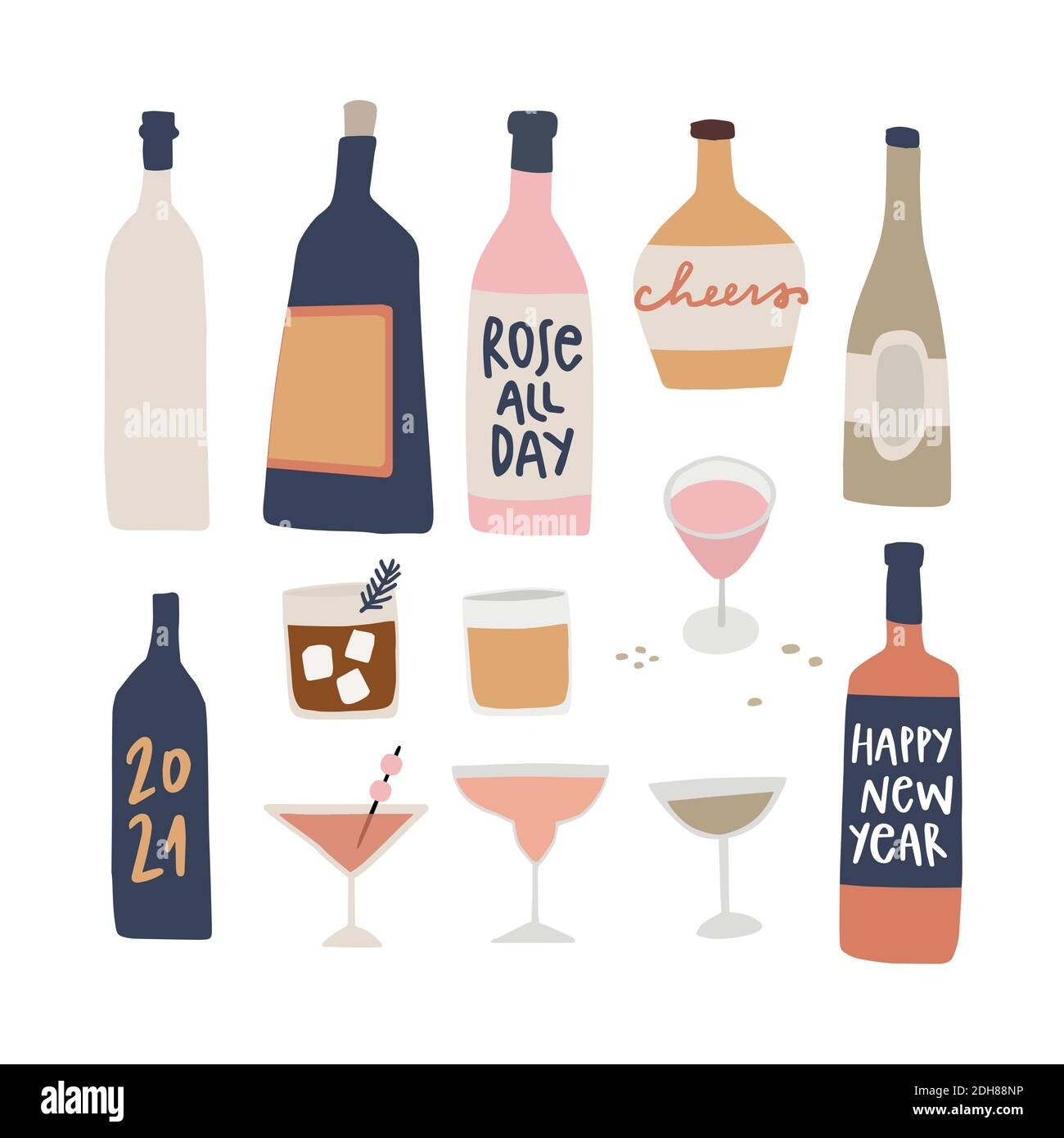 Set Of Hand Drawn Alcoholic Drinks, Cocktails With Lettering throughout New Years Drinking Quotes