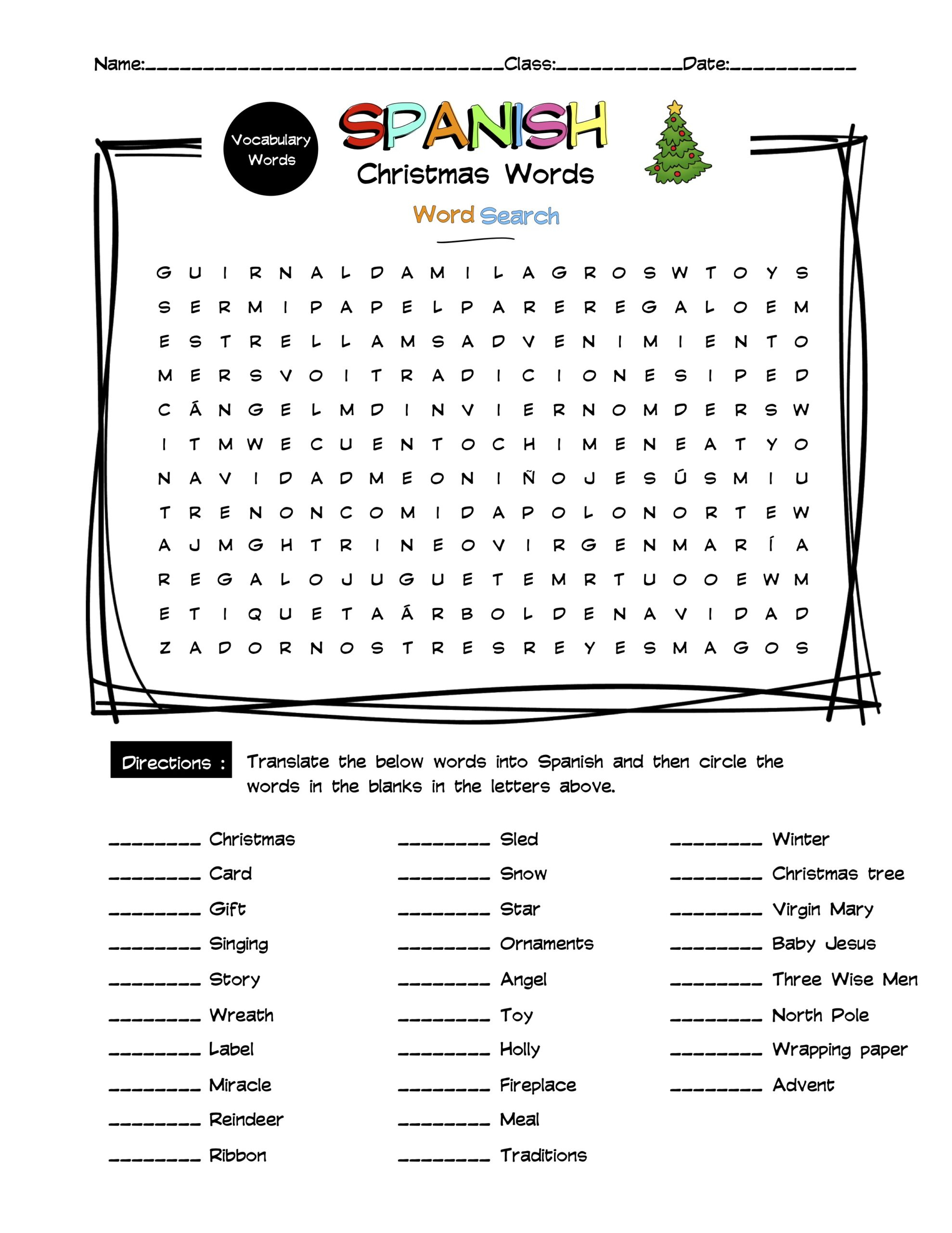 Spanish Christmas Vocabulary Word Search &amp;amp; Answer Key | Made for Spanish Christmas Worksheets Free Printable