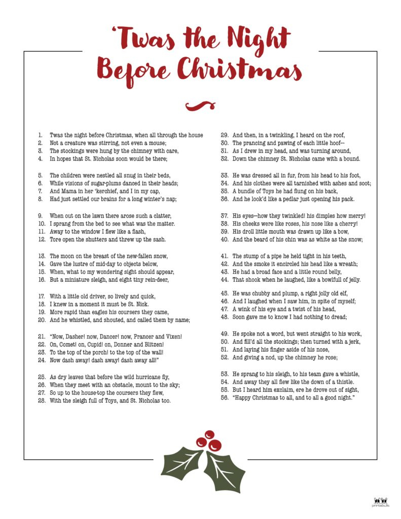 Twas The Night Before Christmas Printables | Printabulls in Twas The Night Before Christmas Printable Lyrics
