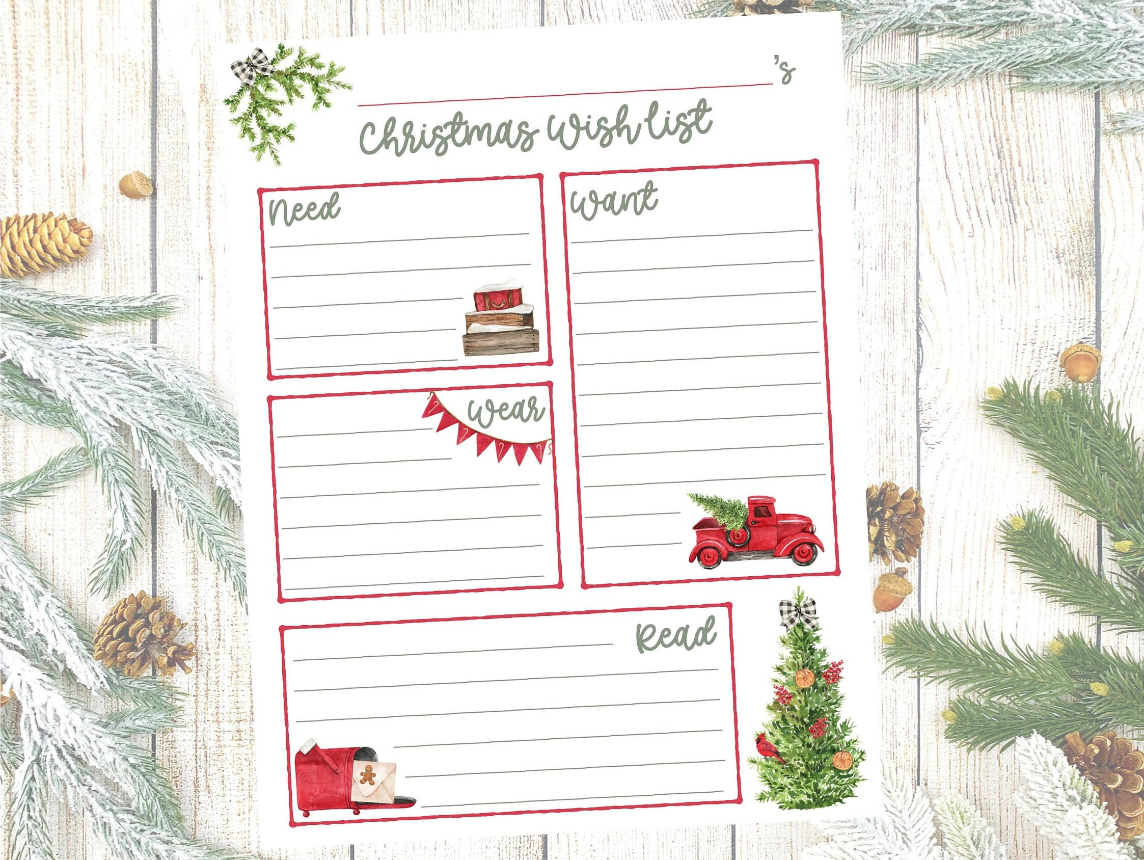 Want, Need, Wear, Read Christmas List Printable, Christmas Wish for Christmas List Want Need Wear Read Printable
