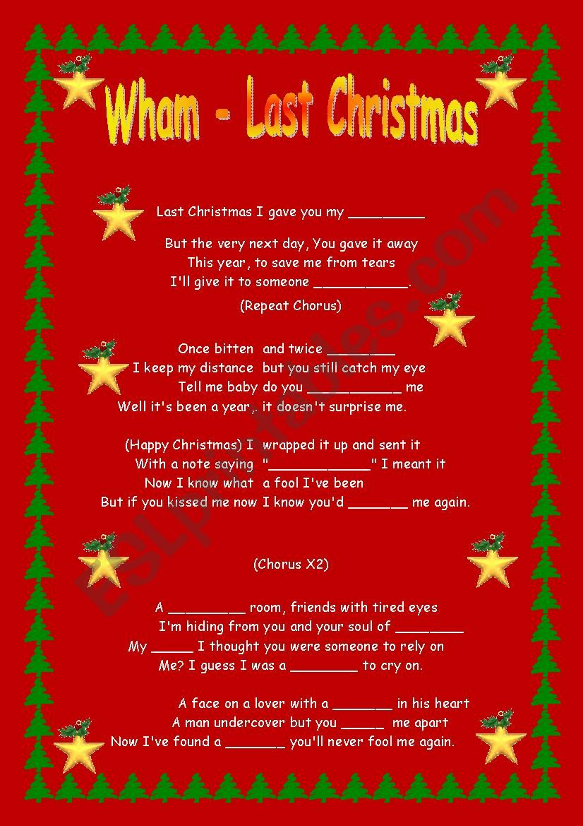 Wham - Last Christmas - Esl Worksheetkasiadudczak for Last Christmas Lyrics Printable