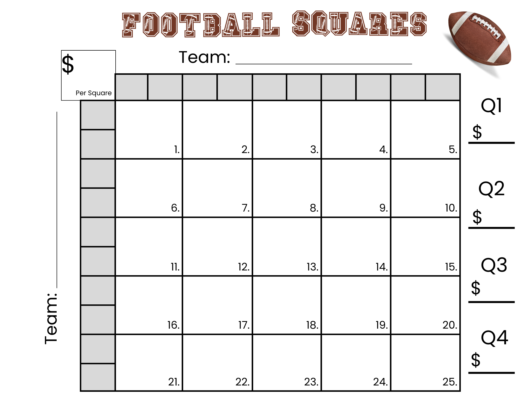 25 Football Squares Game Printable 5×5 Football Squares (Instant intended for Free Printable Super Bowl 25 Squares Template