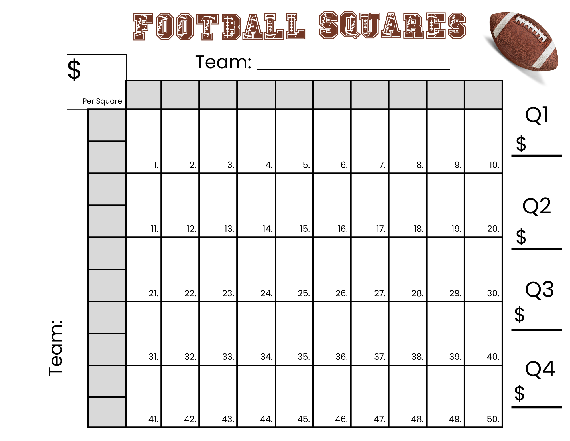 50 Football Squares Game Printable 5×10 Football Squares (Instant throughout Printable Super Bowl Boxes Template With Numbers