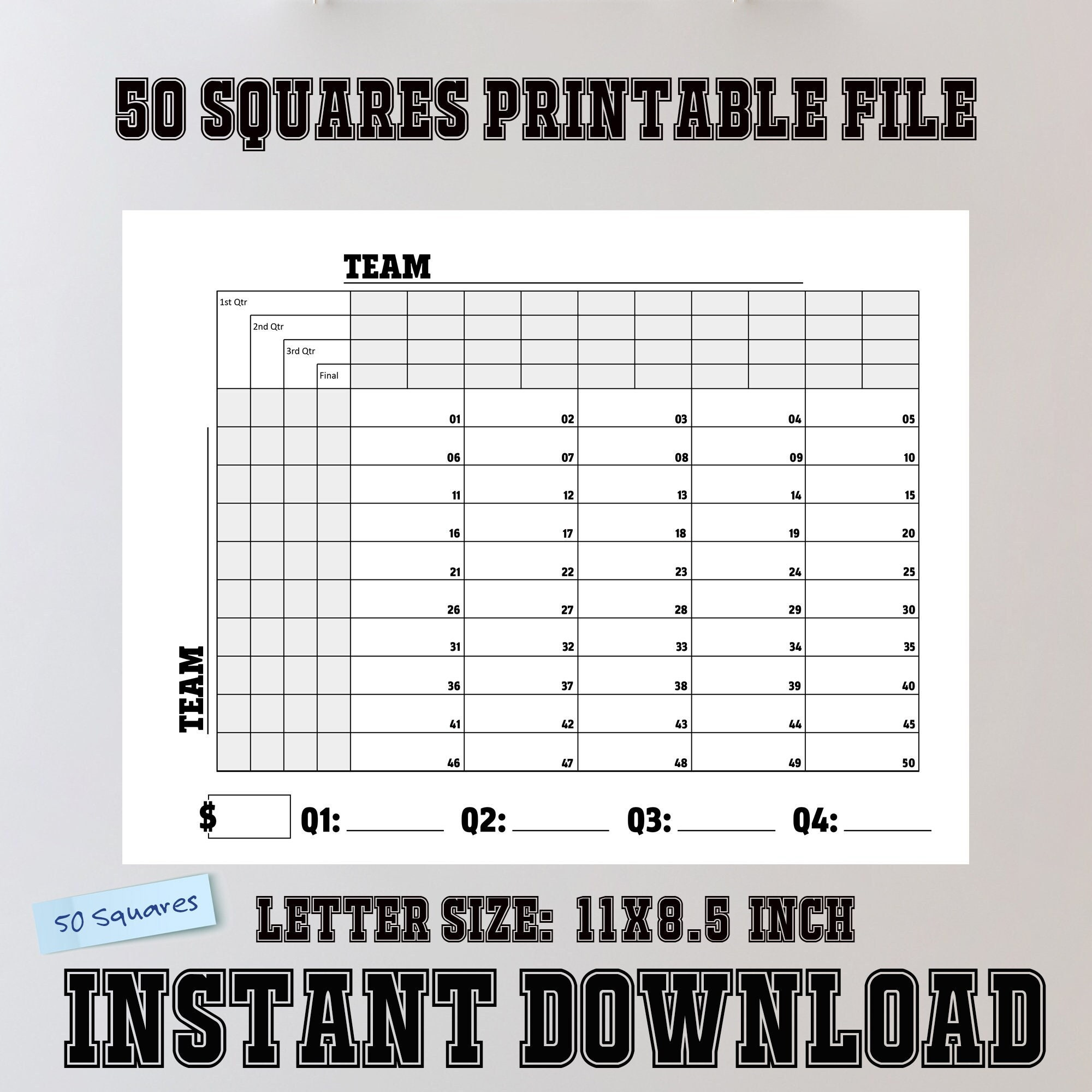 50 Quadrate Printable Fußball | Spendenvorlage (Sofortdownload in Printable Super Bowl 50 Squares
