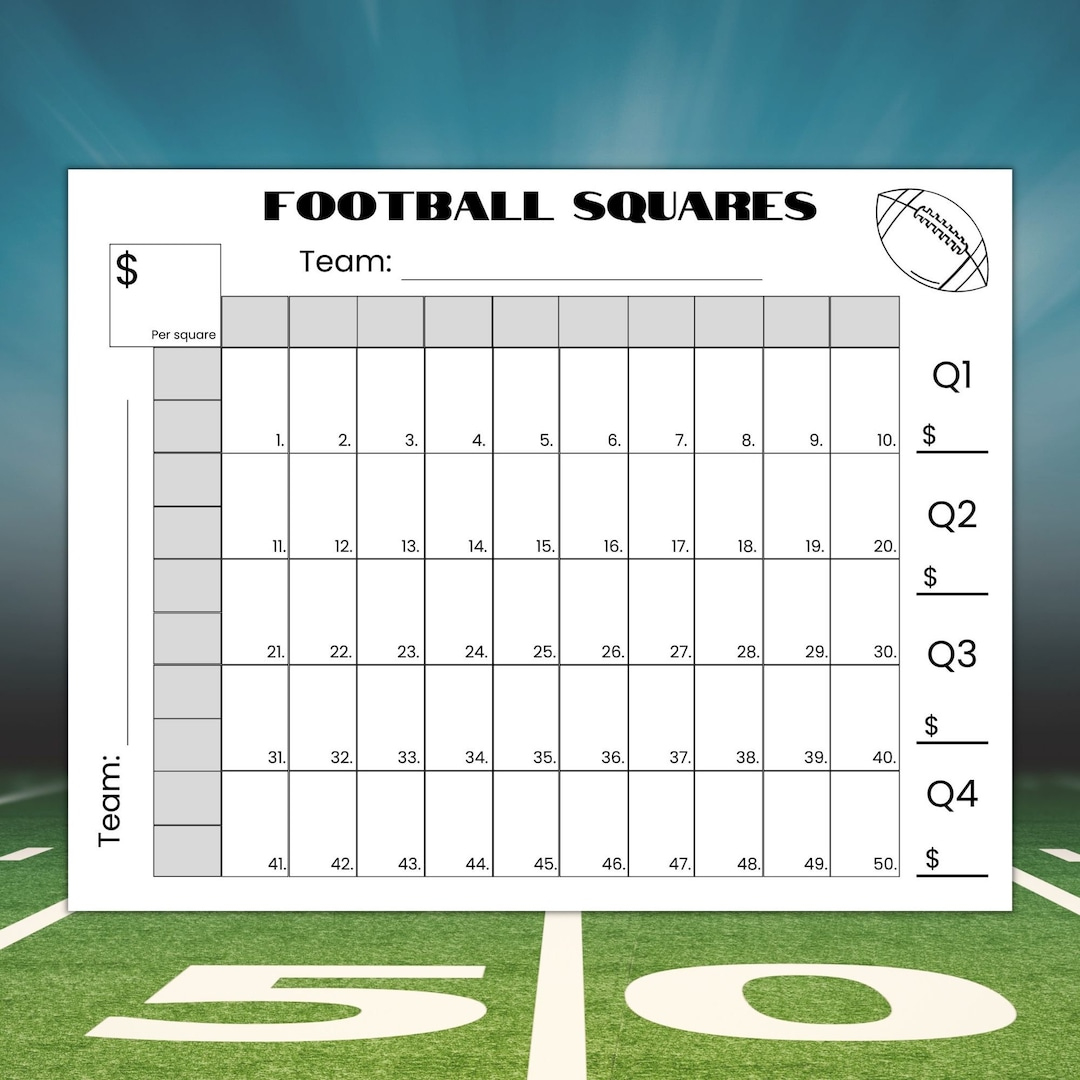 50 Squares Football Squares Game Printable, Football Fundraiser inside Printable Super Bowl 50 Squares