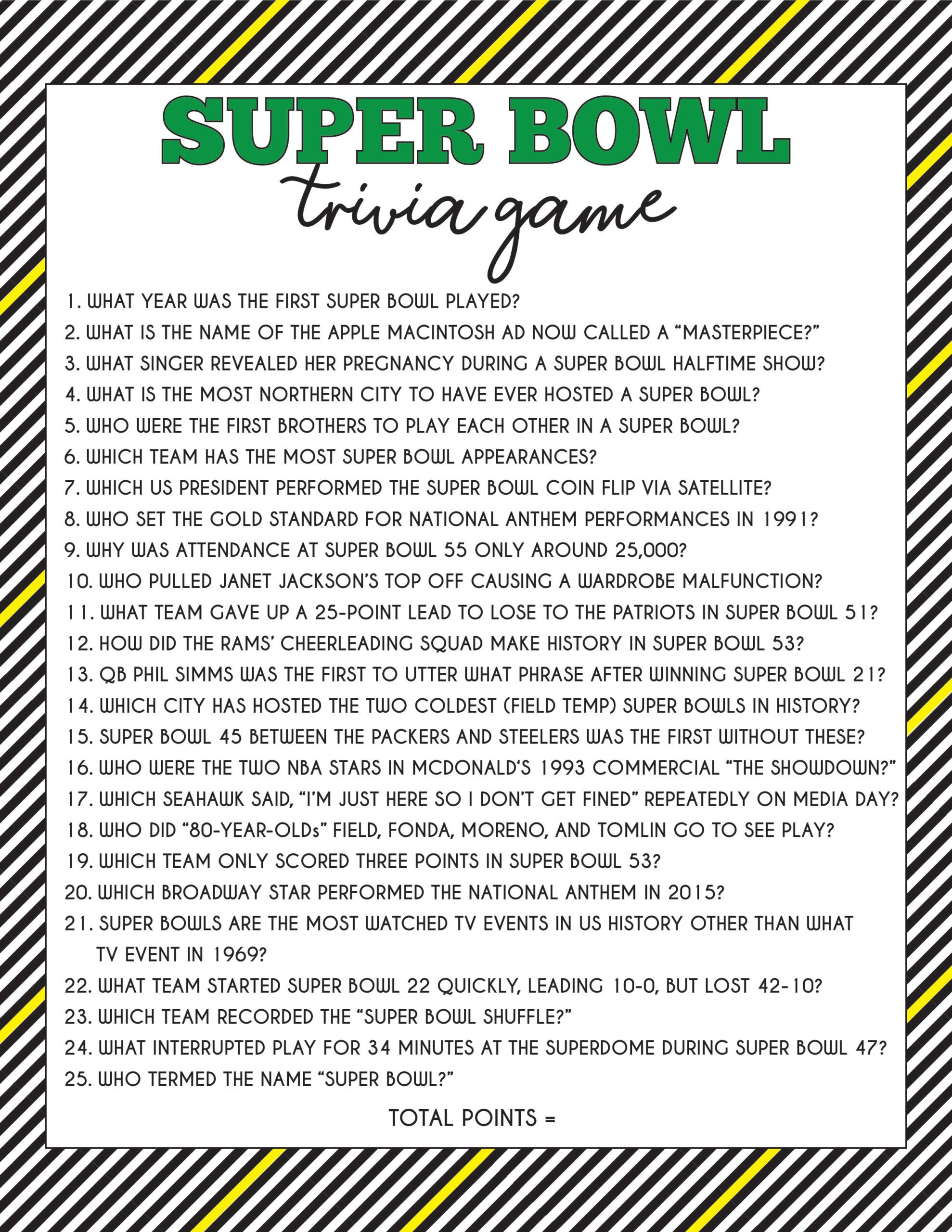 50 Super Bowl Trivia Questions &amp;amp; Printable Game - Play Party Plan pertaining to Free Printable Super Bowl Trivia Questions and Answers
