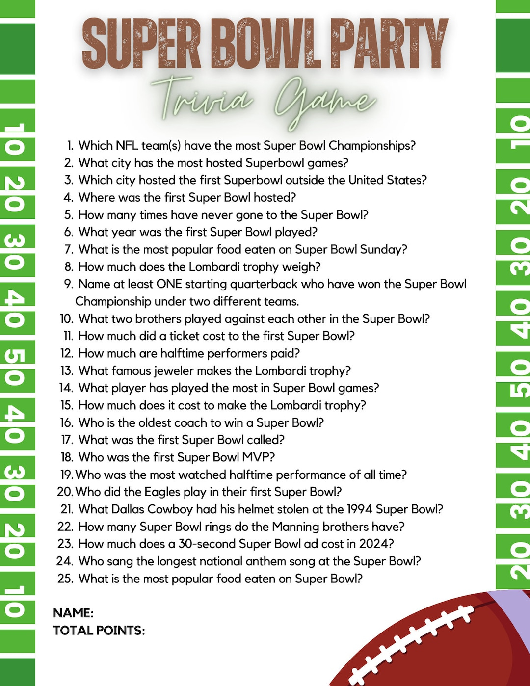 Buy Super Bowl Trivia Game, Football Trivia, Trivia Game Sports, Download  And Easy To Print, 8.5X11, Pdf Online In India - Etsy regarding Super Bowl Trivia Game Printable