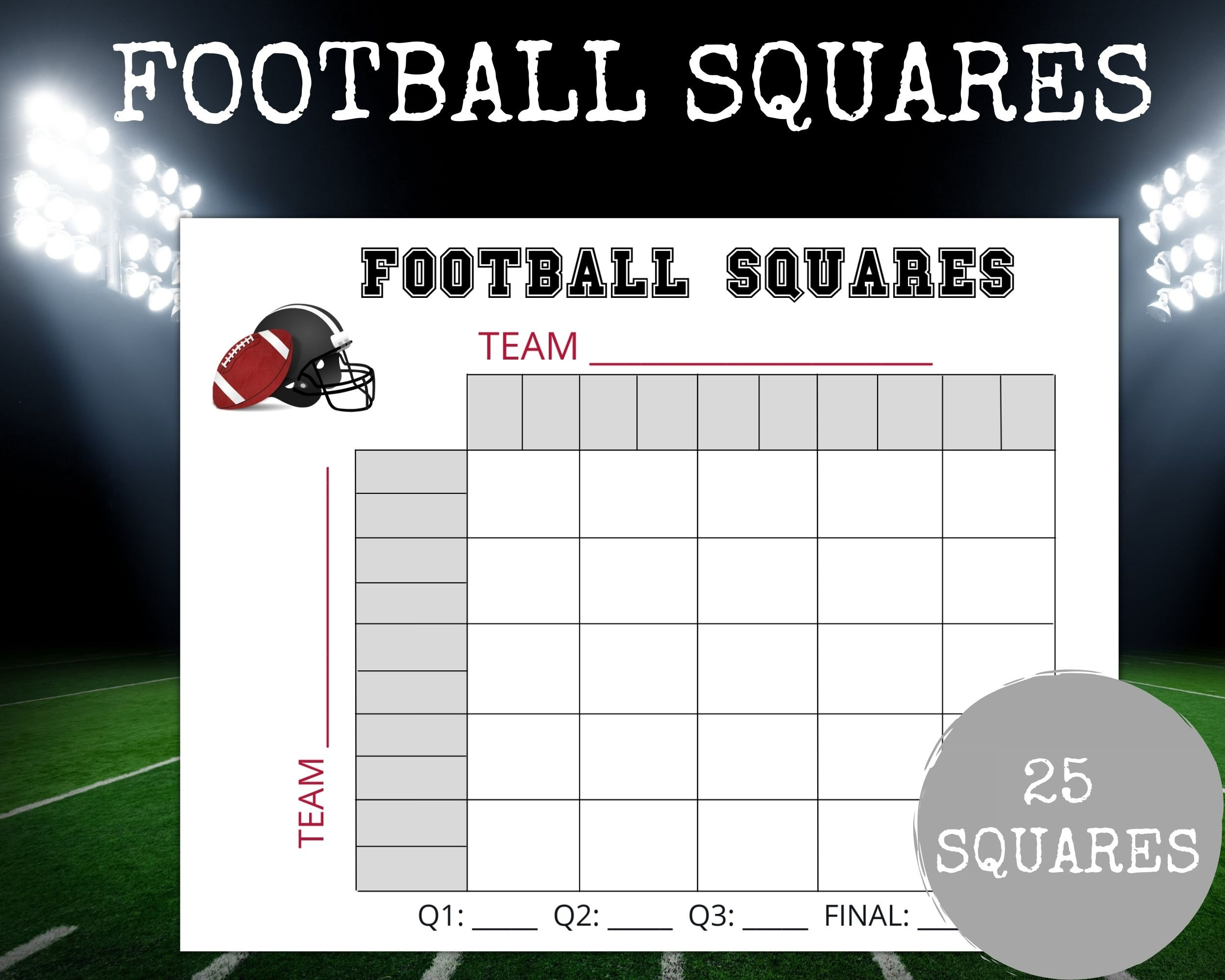 Football Squares Game, 25 Squares Football Squares, Bowl Squares with Printable Super Bowl 25 Squares