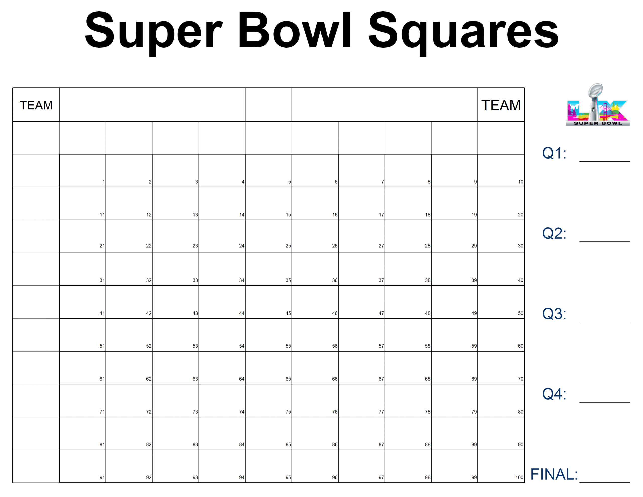 Free, Blank Super Bowl Squares And Printable Nfl Playoff Boxes intended for Super Bowl Squares 2026 Printable Free