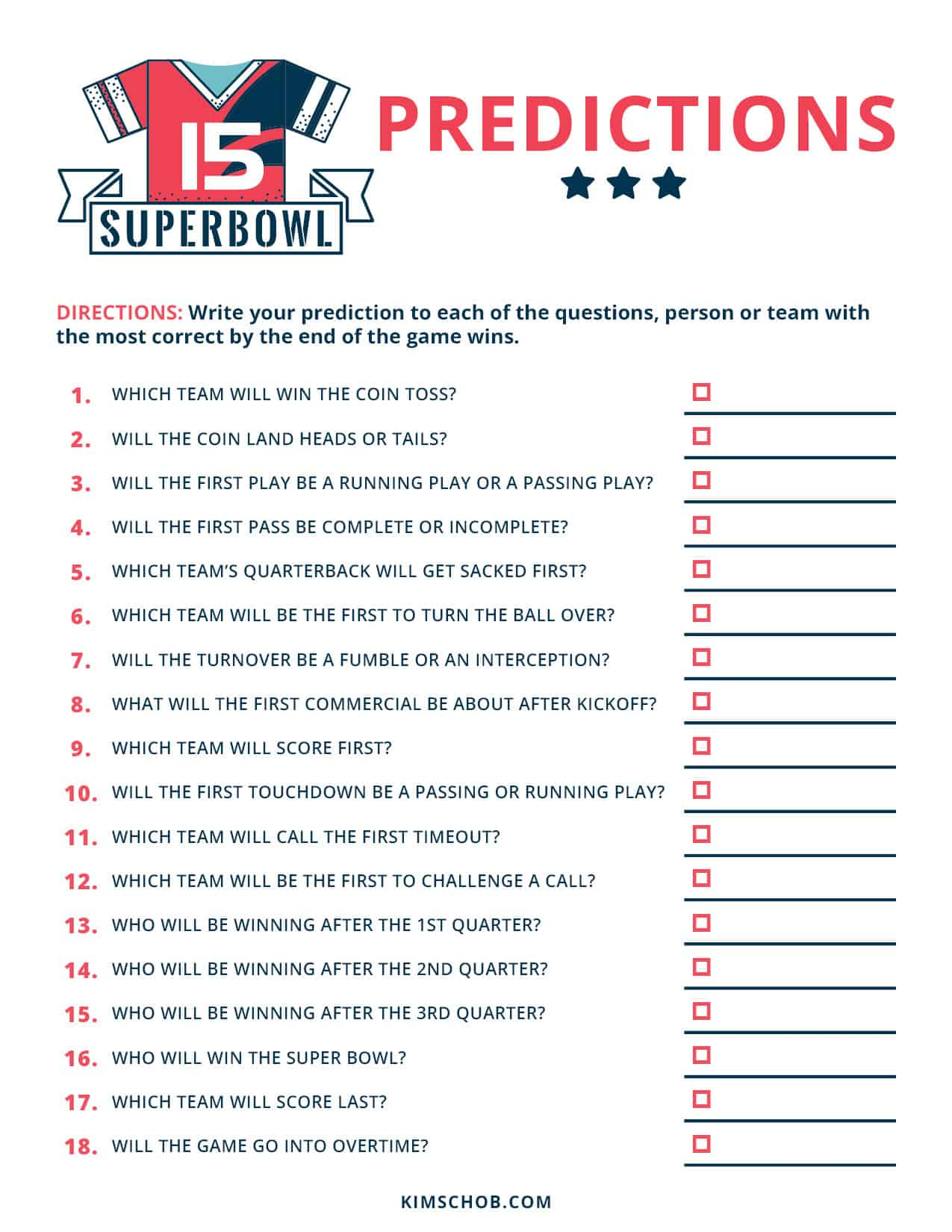 Free Football Printables - Printable Game Day Activities! - Kim Schob for Super Bowl Prediction Game Printable
