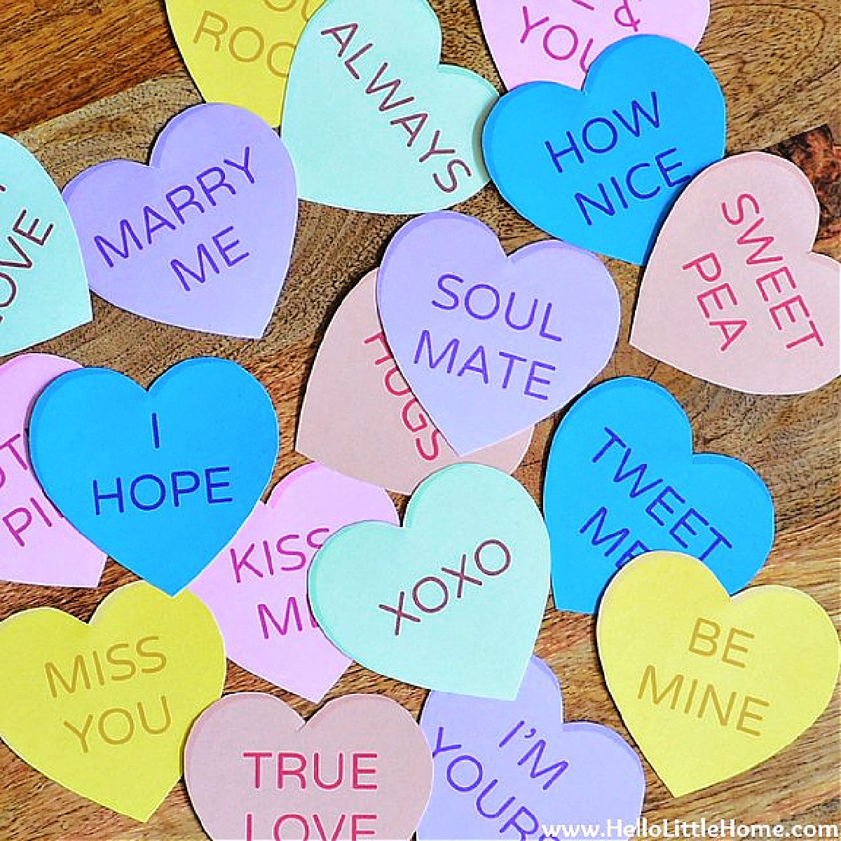 Free Printable Conversation Hearts | Hello Little Home intended for Printable Valentine Hearts With Sayings
