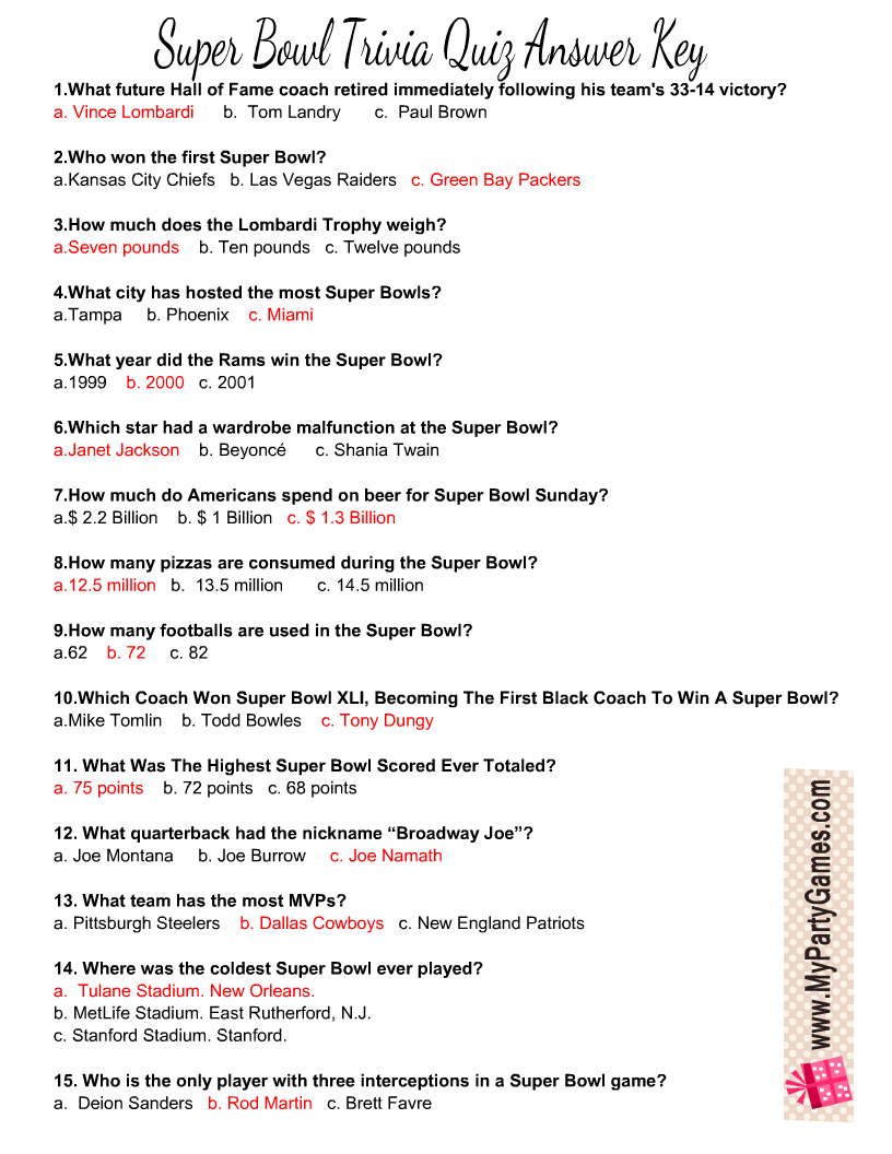 Free Printable Football Super Bowl Trivia Quiz for Printable Super Bowl Trivia Questions