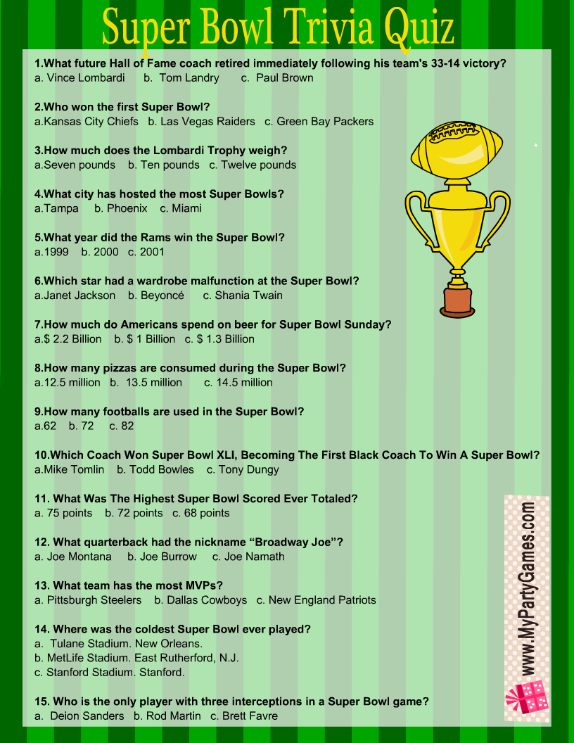 Free Printable Football Super Bowl Trivia Quiz with Printable Super Bowl Trivia Questions