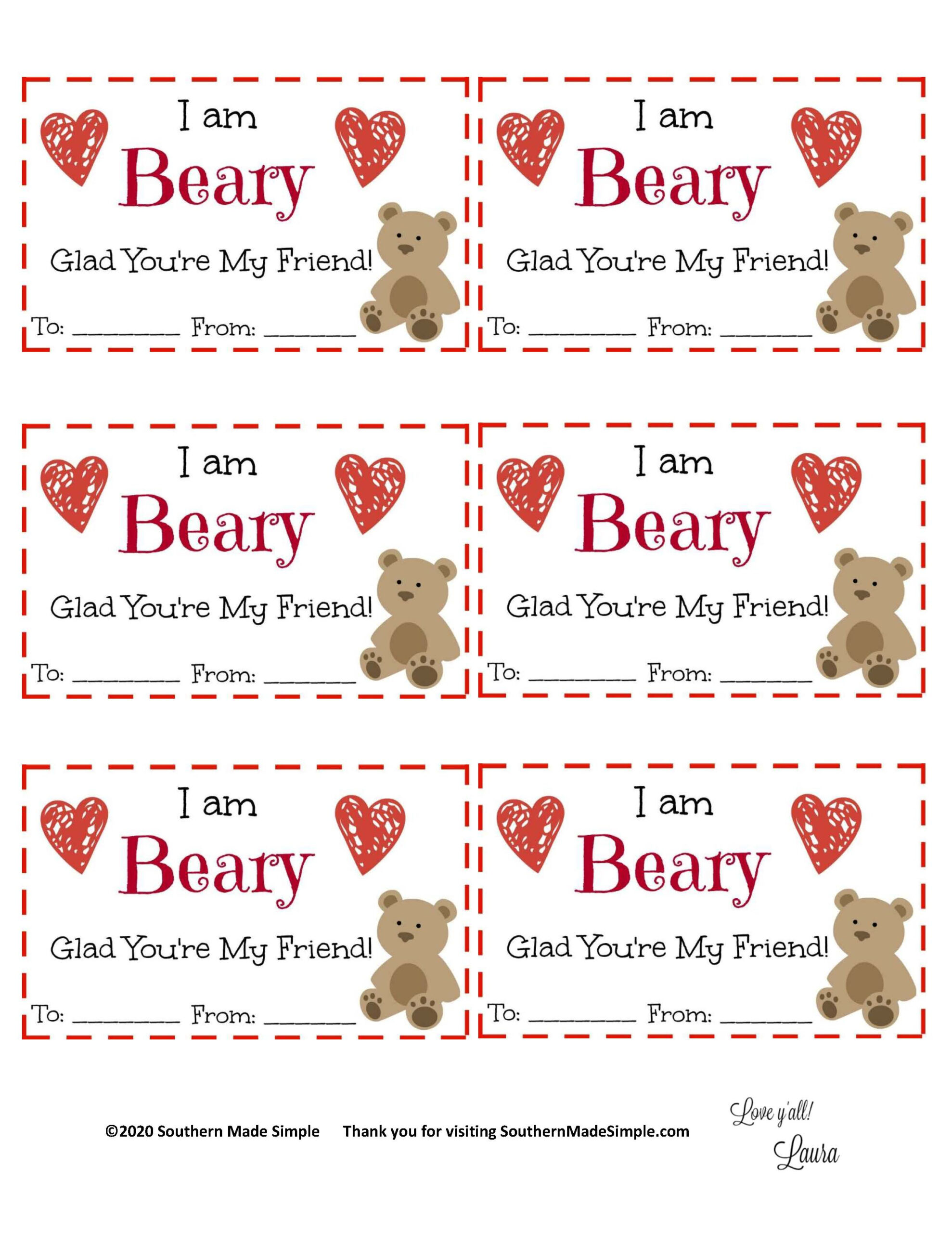 Free Printable: I'M Beary Glad You'Re My Friend Valentine pertaining to Free Printable Gummy Bear Valentine Printable