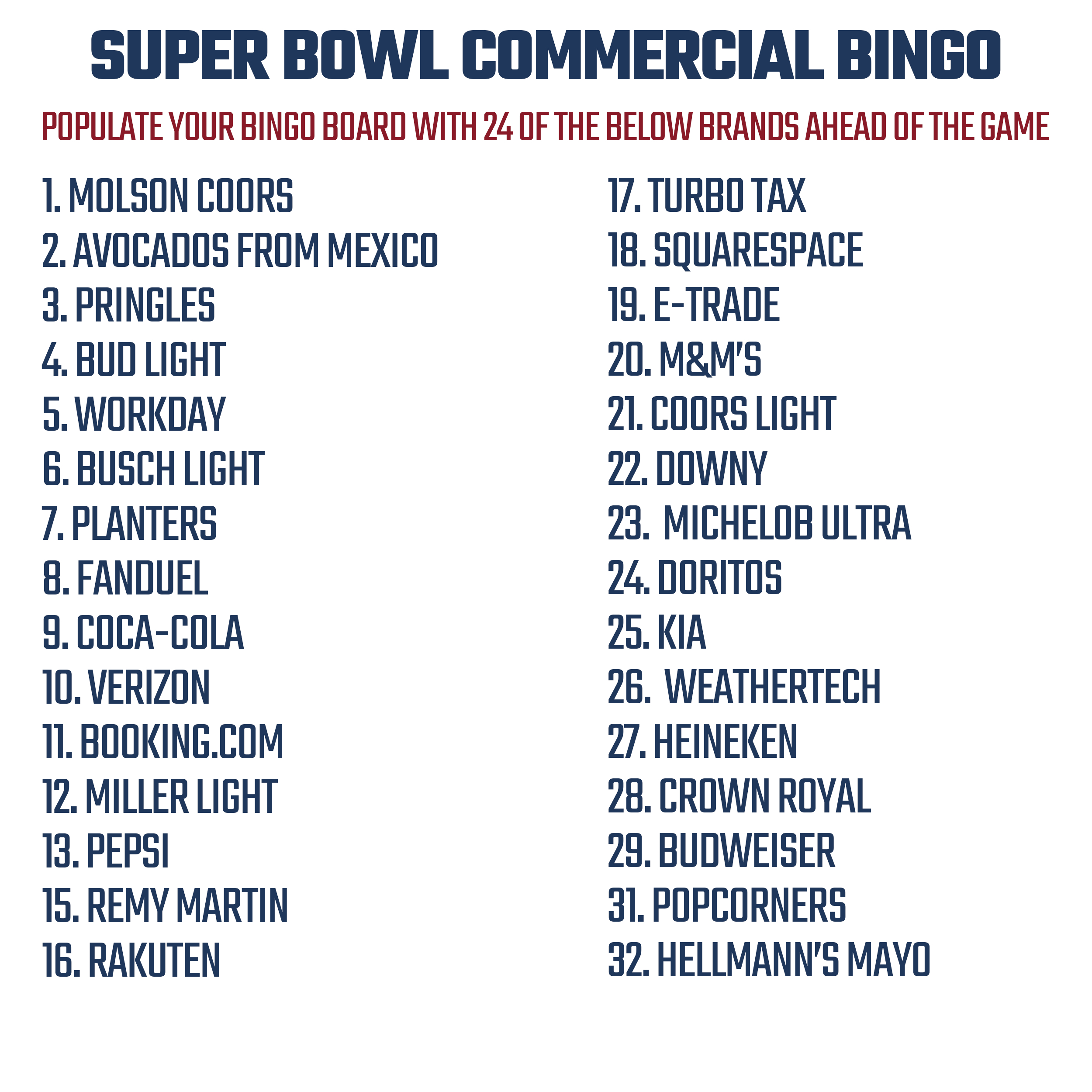 Free Printable Super Bowl 57 Commercial Bingo Cards For 2023 with regard to Super Bowl Commercial Bingo Free Printable