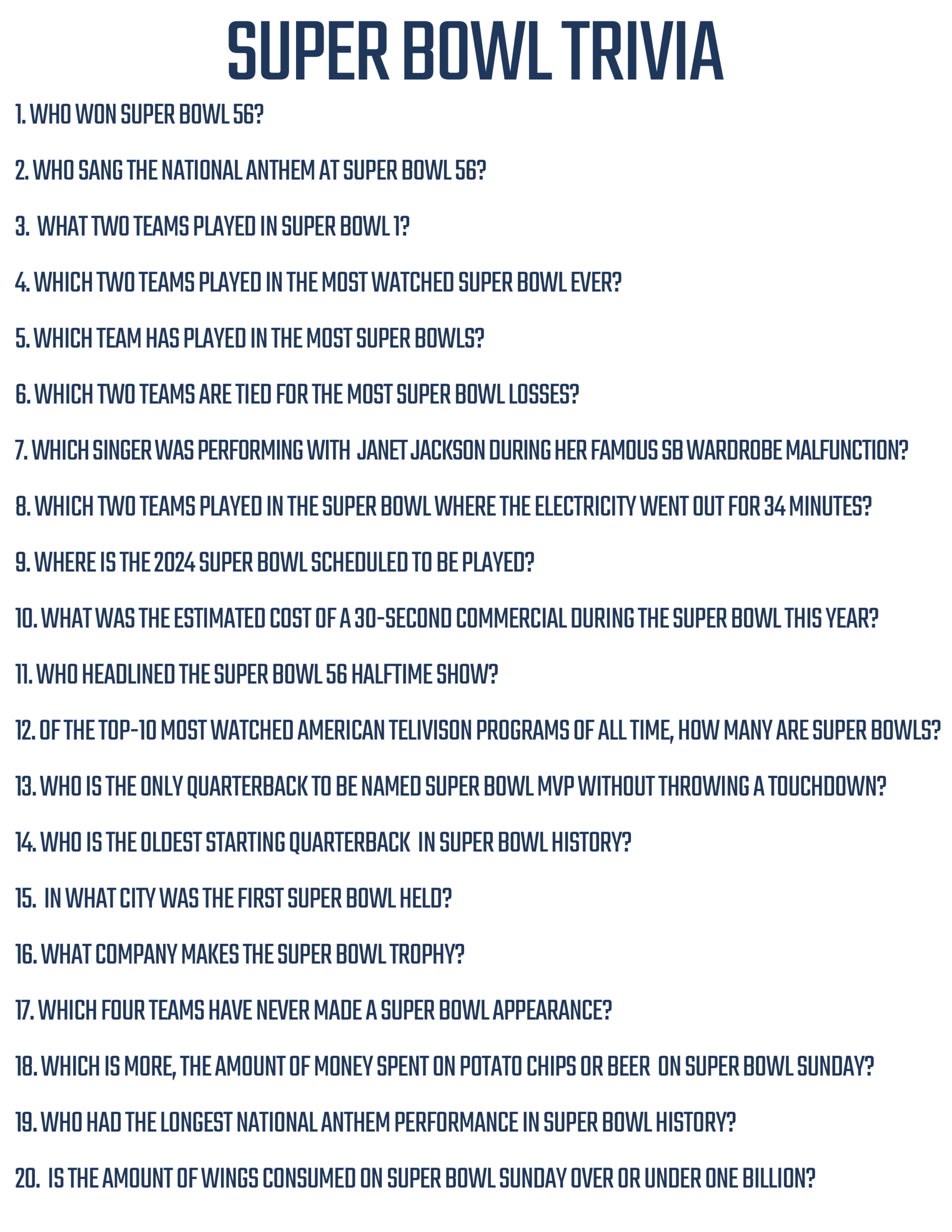 Free Printable Super Bowl 57 Trivia Cards For Chiefs Vs Eagles regarding Free Printable Super Bowl Questions