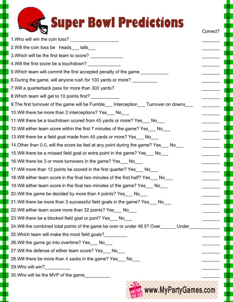 Free Printable Super Bowl Predictions Game Card regarding Printable Super Bowl Prediction Game