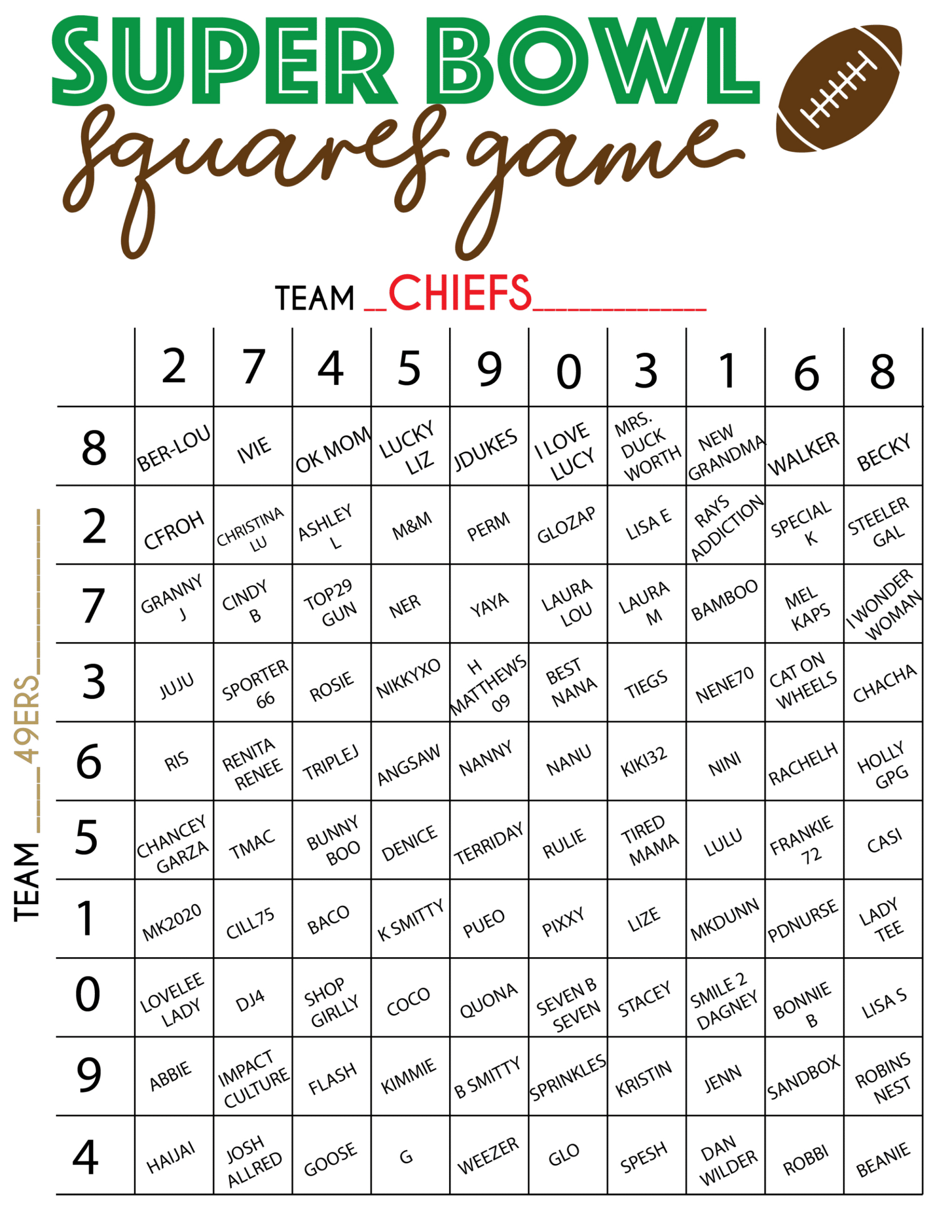 Free Printable Super Bowl Squares Template - Play Party Plan for Super Bowl Number Board Printable