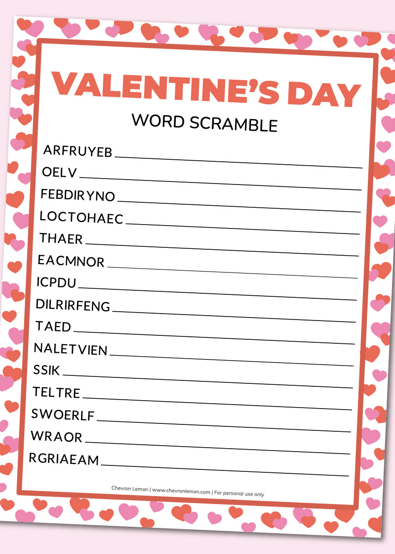 Free Printable Valentine&amp;#039;S Day Word Scramble - Chevron Lemon pertaining to Free Printable Valentine Word Scramble