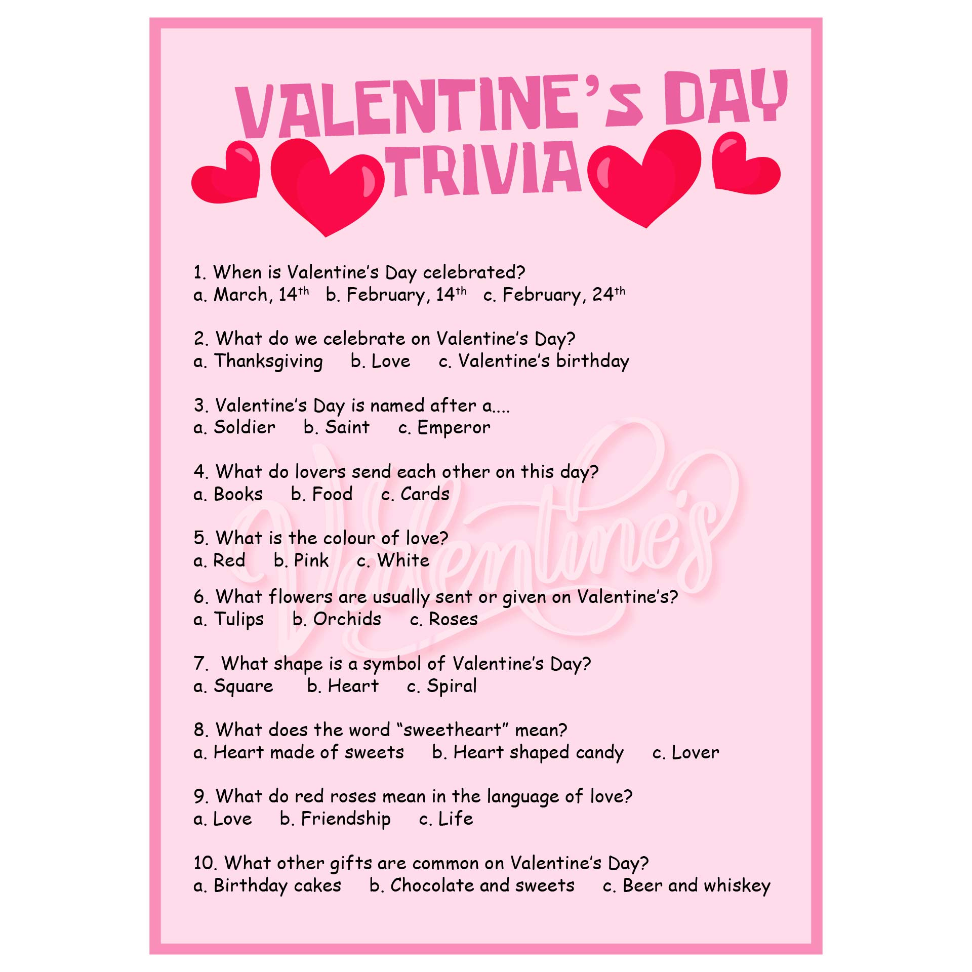 Free Valentine Trivia And Answers Printables 75 Best Valentine&amp;#039;S inside Printable Valentine Quiz
