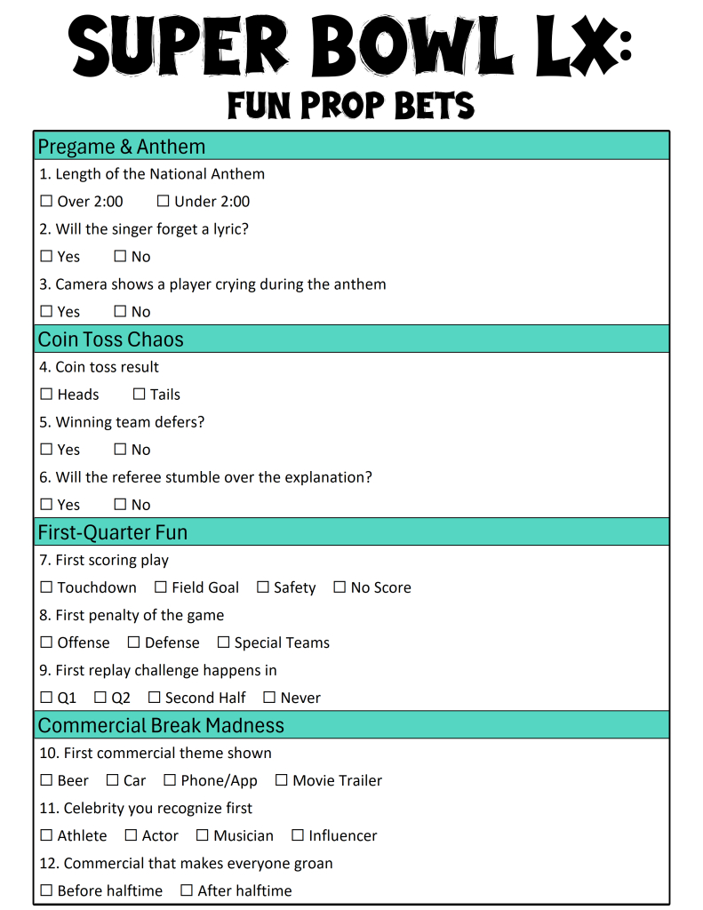 Funny Super Bowl Prop Bets Sheet For Super Bowl 2026 - Interbasket inside Fun Super Bowl Prop Bets 2026 Printable