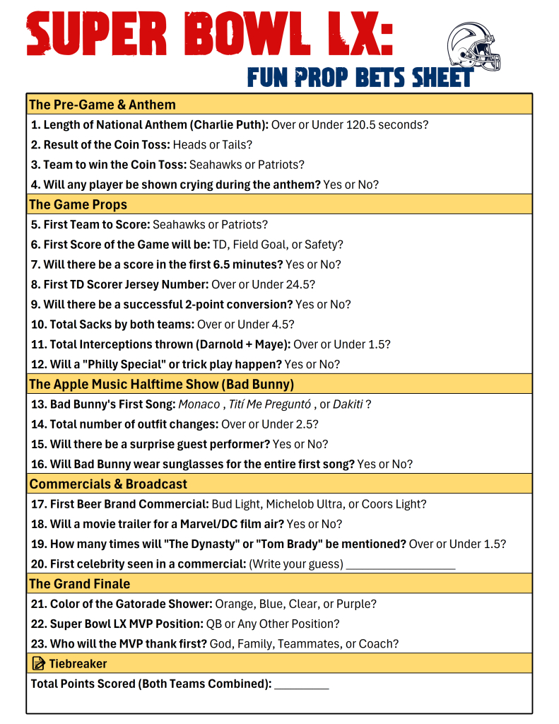 Funny Super Bowl Prop Bets Sheet For Super Bowl 2026 - Interbasket with Super Bowl Quiz 2026 Printable