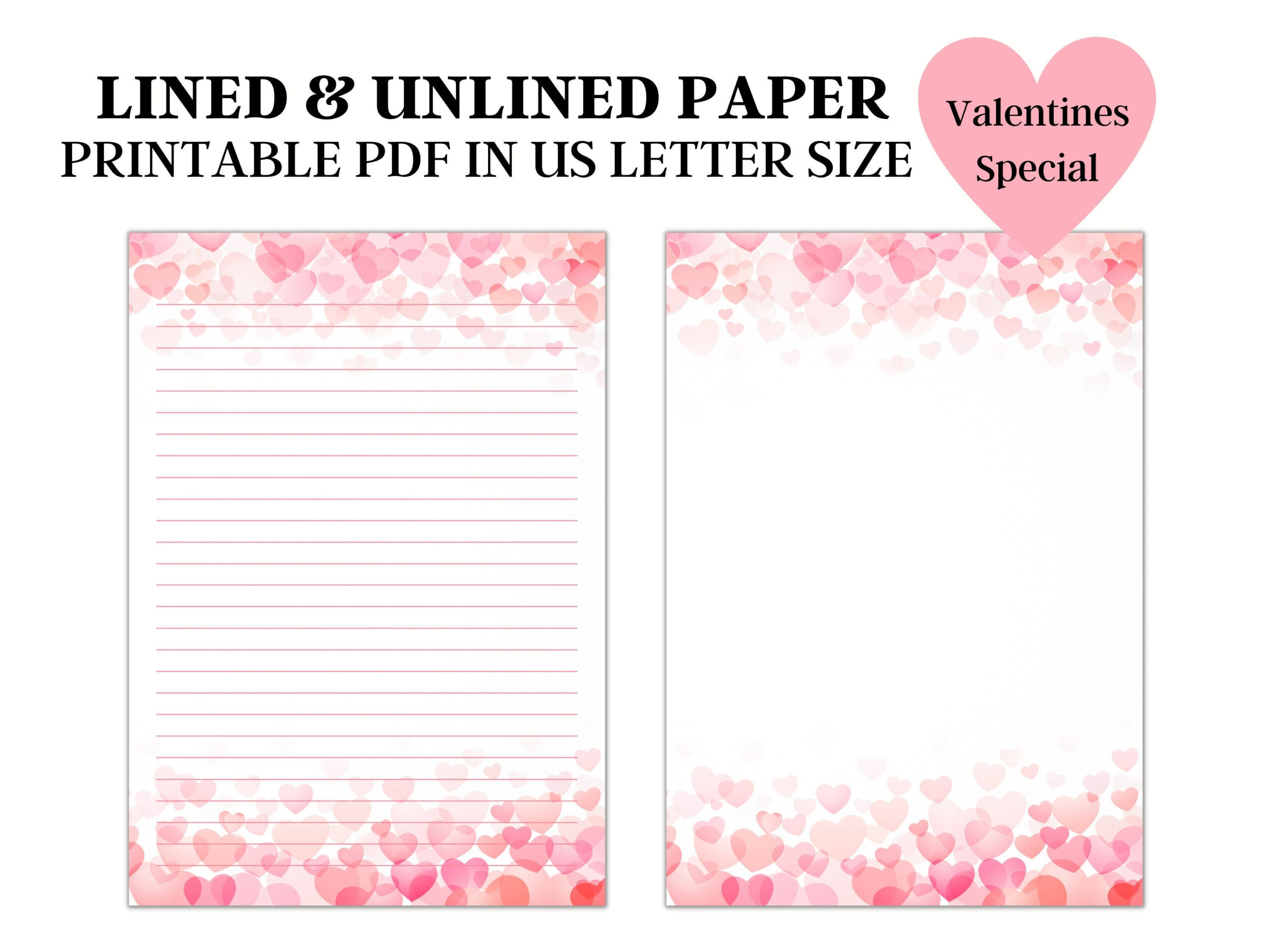 Hearts Stationery Paper, Printable Lined Writing Paper, Journal intended for Printable Valentine Stationery