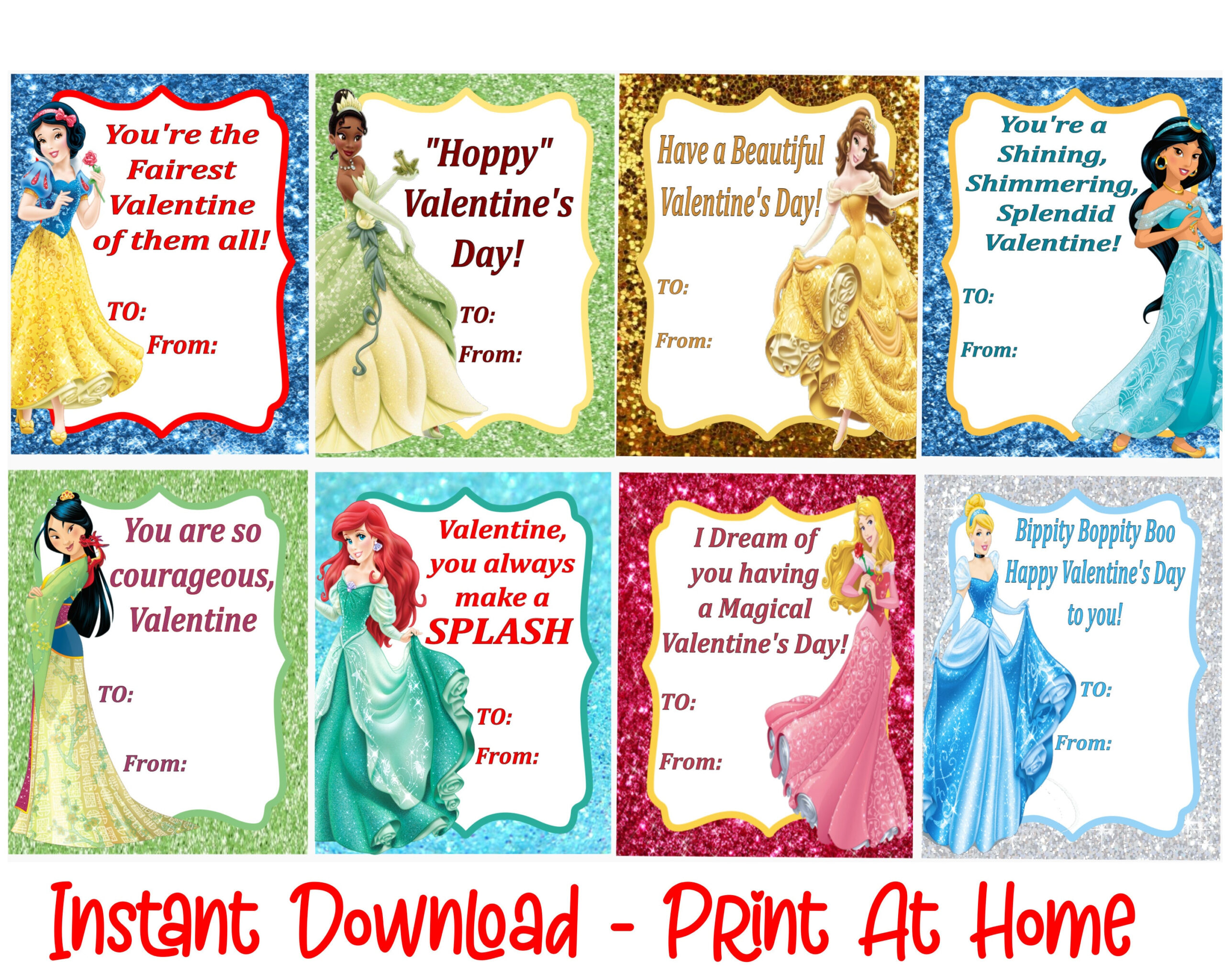 Princess Valentine&amp;#039;S Day Cards - Printable - Instant Download for Disney Printable Valentine Cards