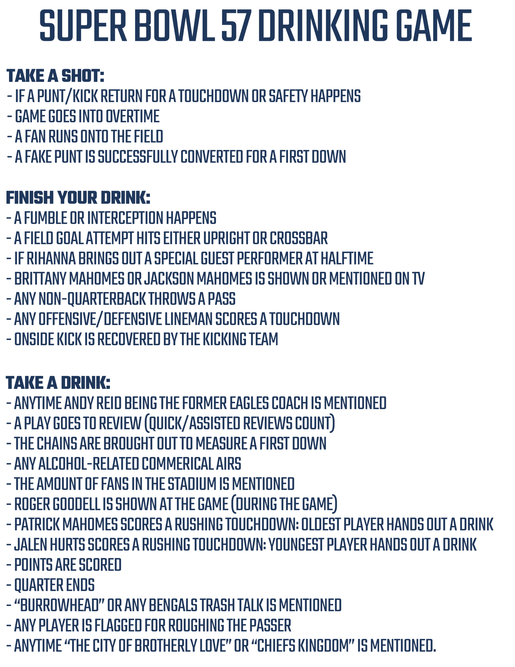 Printable Super Bowl 57 Drinking Game For Chiefs Vs Eagles regarding Printable Super Bowl Drinking Game