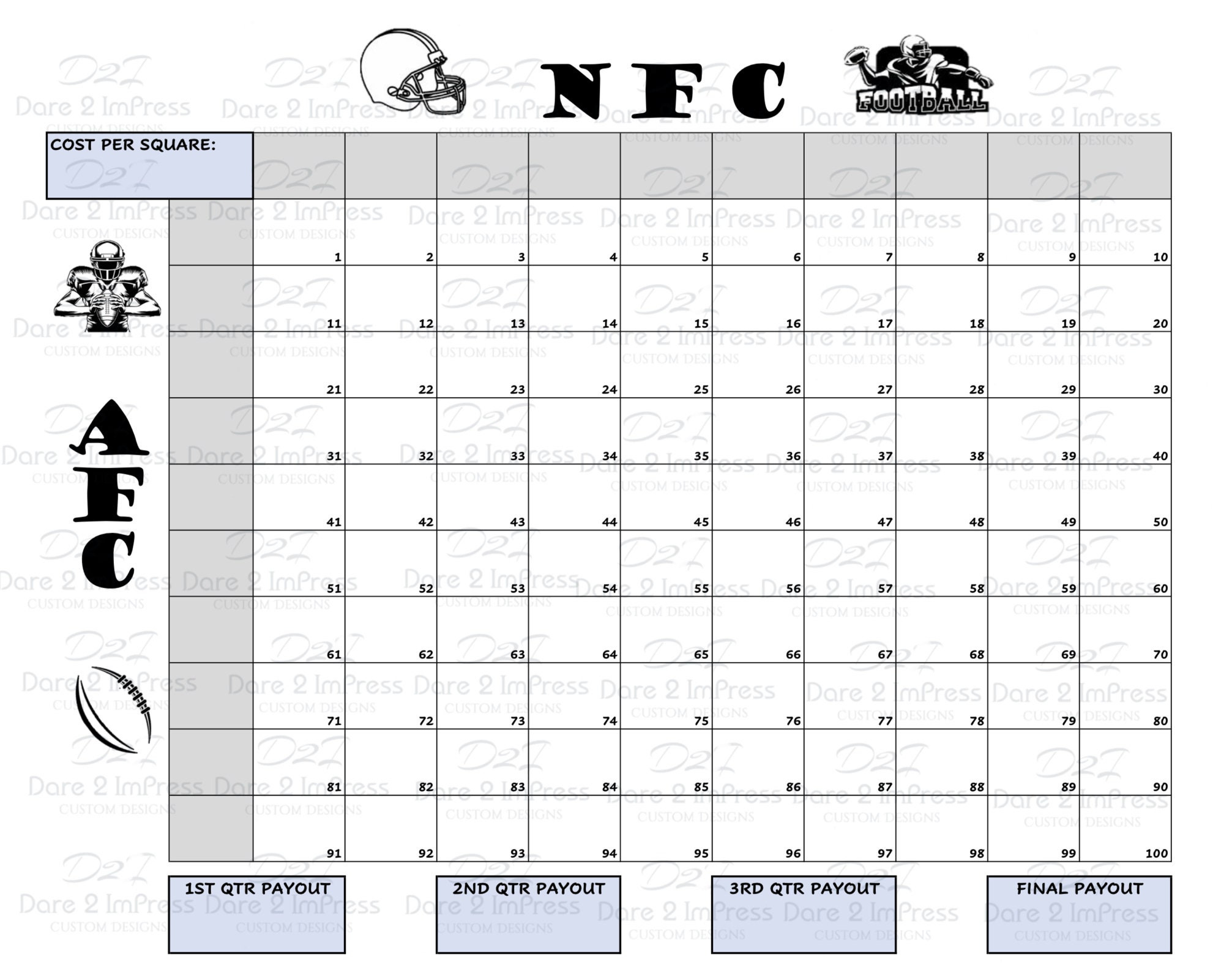 Printable Super Bowl Boxes. Football Grid. Super Bowl Squares for Super Bowl Squares Numbered Printable
