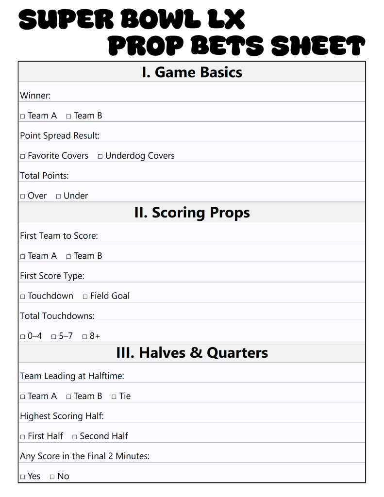 Printable Super Bowl Lx Prop Bets Sheet For Your 2026 Watch Party within Super Bowl Props Sheet 2026 Printable