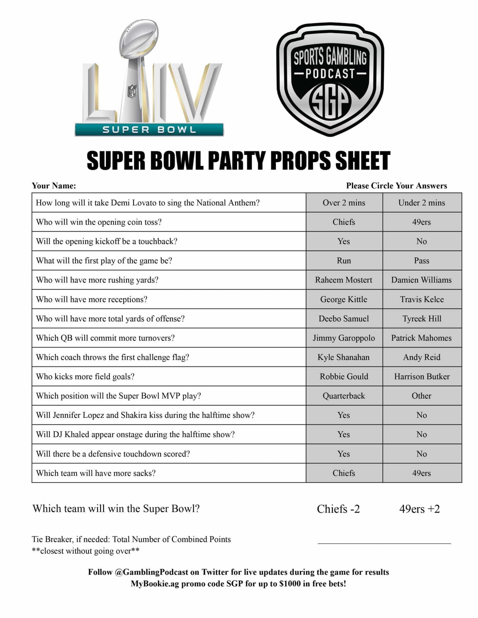 Printable Super Bowl Party Props Sheet - Sports Gambling Podcast intended for Printable Super Bowl Prop Bets