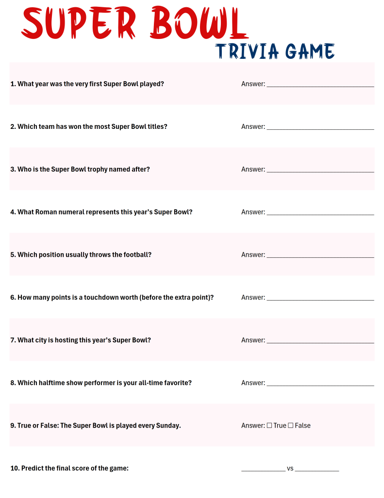 Printable Super Bowl Party Trivia Game Sheet With 18 Fun Football for Super Bowl Trivia Questions And Answers Printable 2026