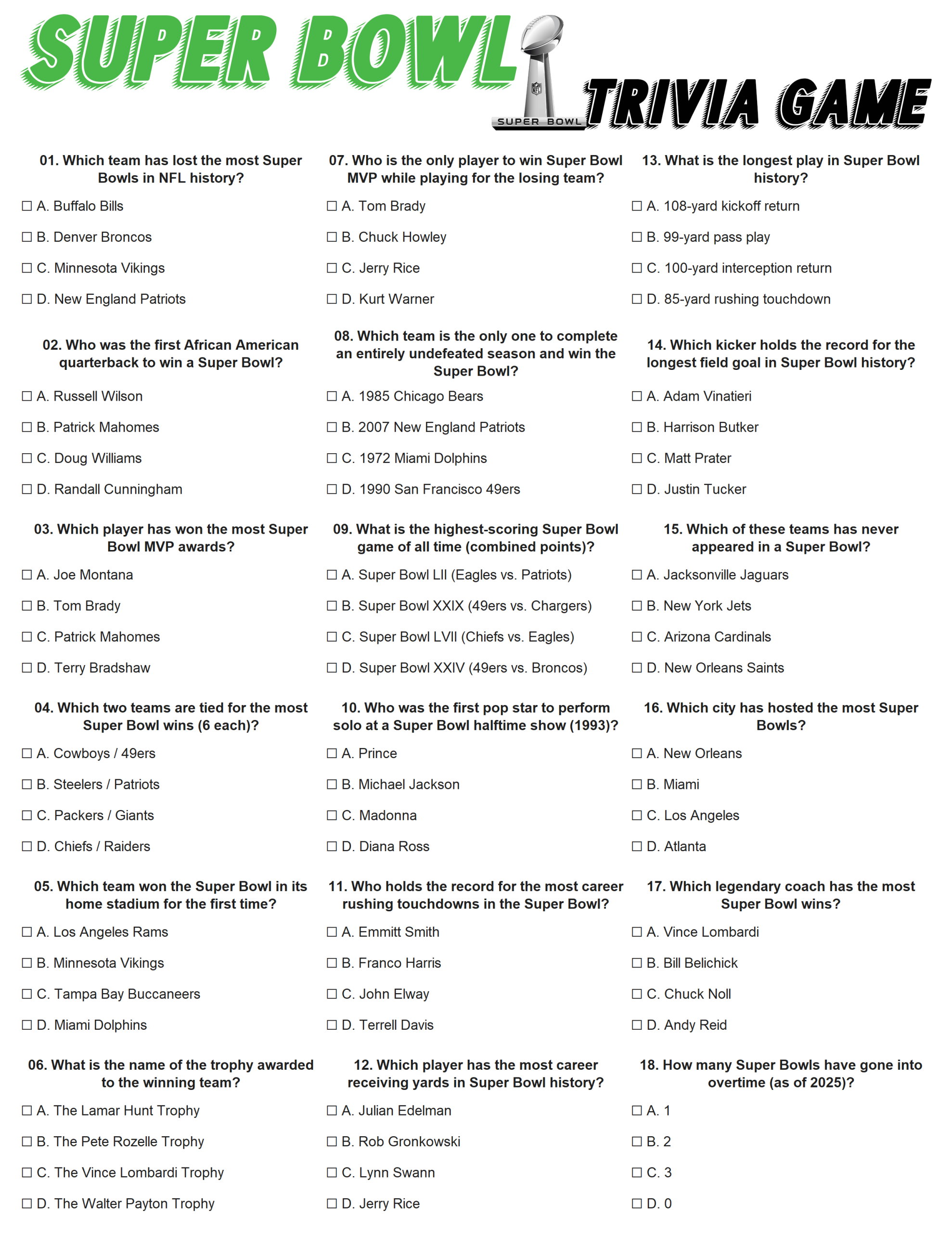 Printable Super Bowl Party Trivia Game Sheet With 18 Fun Football throughout Super Bowl Questions Game 2026 Printable