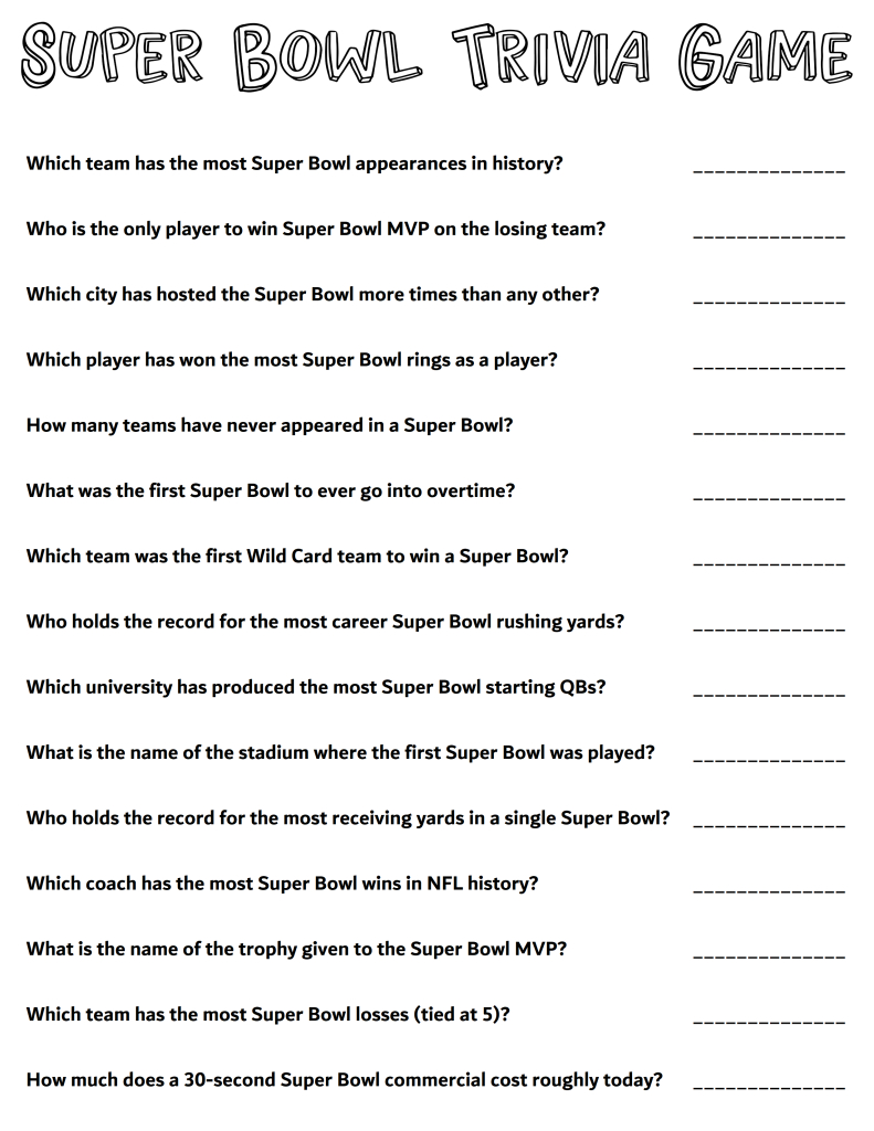 Printable Super Bowl Party Trivia Game Sheet With 18 Fun Football with regard to Super Bowl Questions Game 2026 Printable
