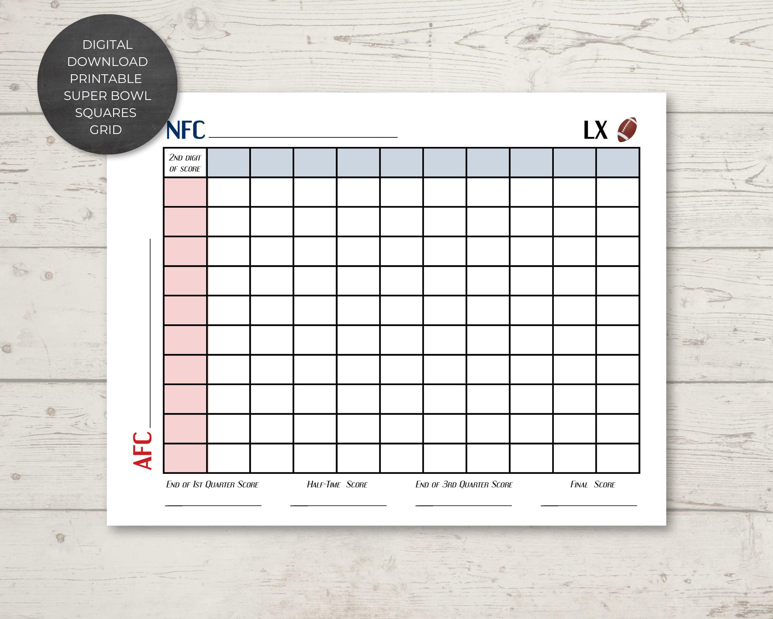 Printable Super Bowl Quadrate Gitter | Sofortiger Digitaler in Super Bowl 2026 Printable Squares