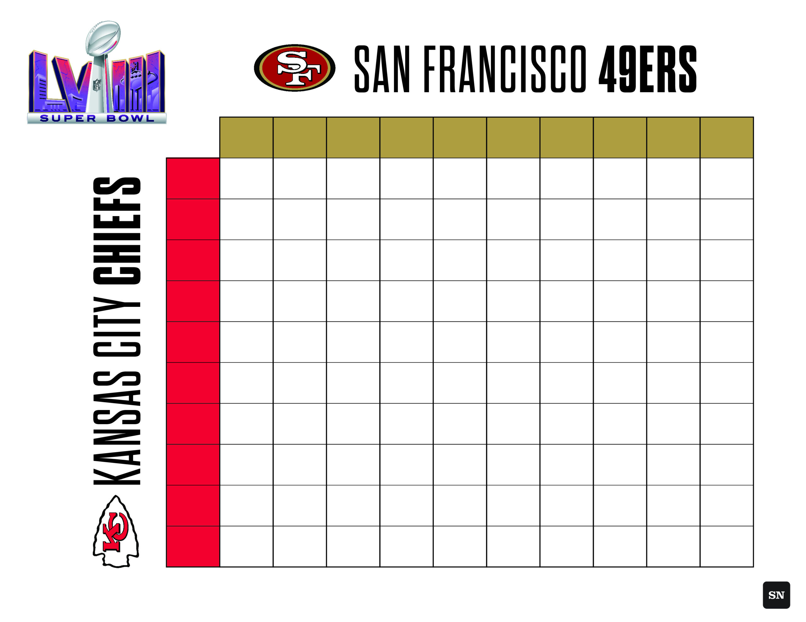 Printable Super Bowl Squares Grid For 49Ers Vs. Chiefs In 2024 with regard to Printable Nfl Super Bowl Squares