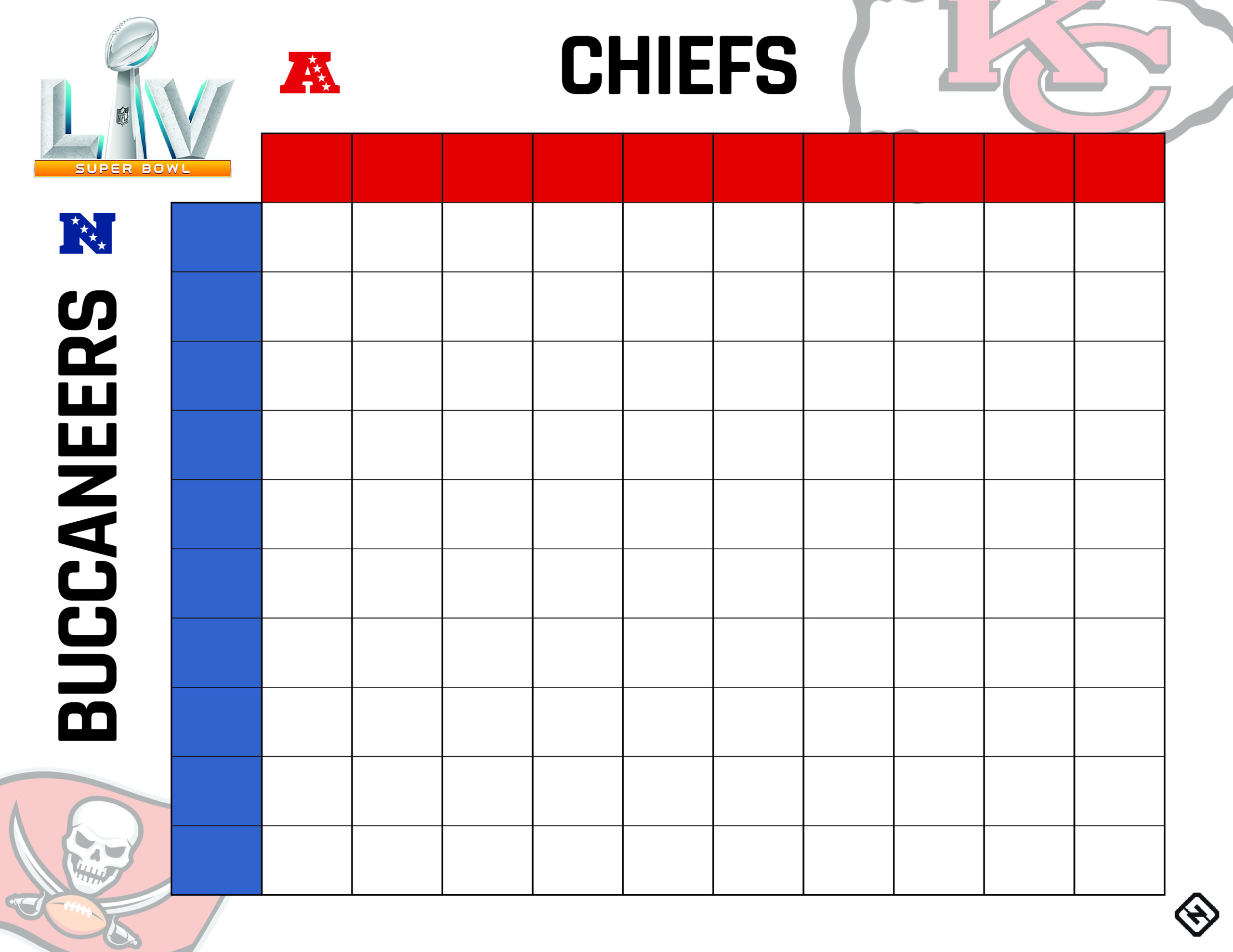 Printable Super Bowl Squares Grid For Chiefs Vs. Buccaneers In with Printable Super Bowl Square