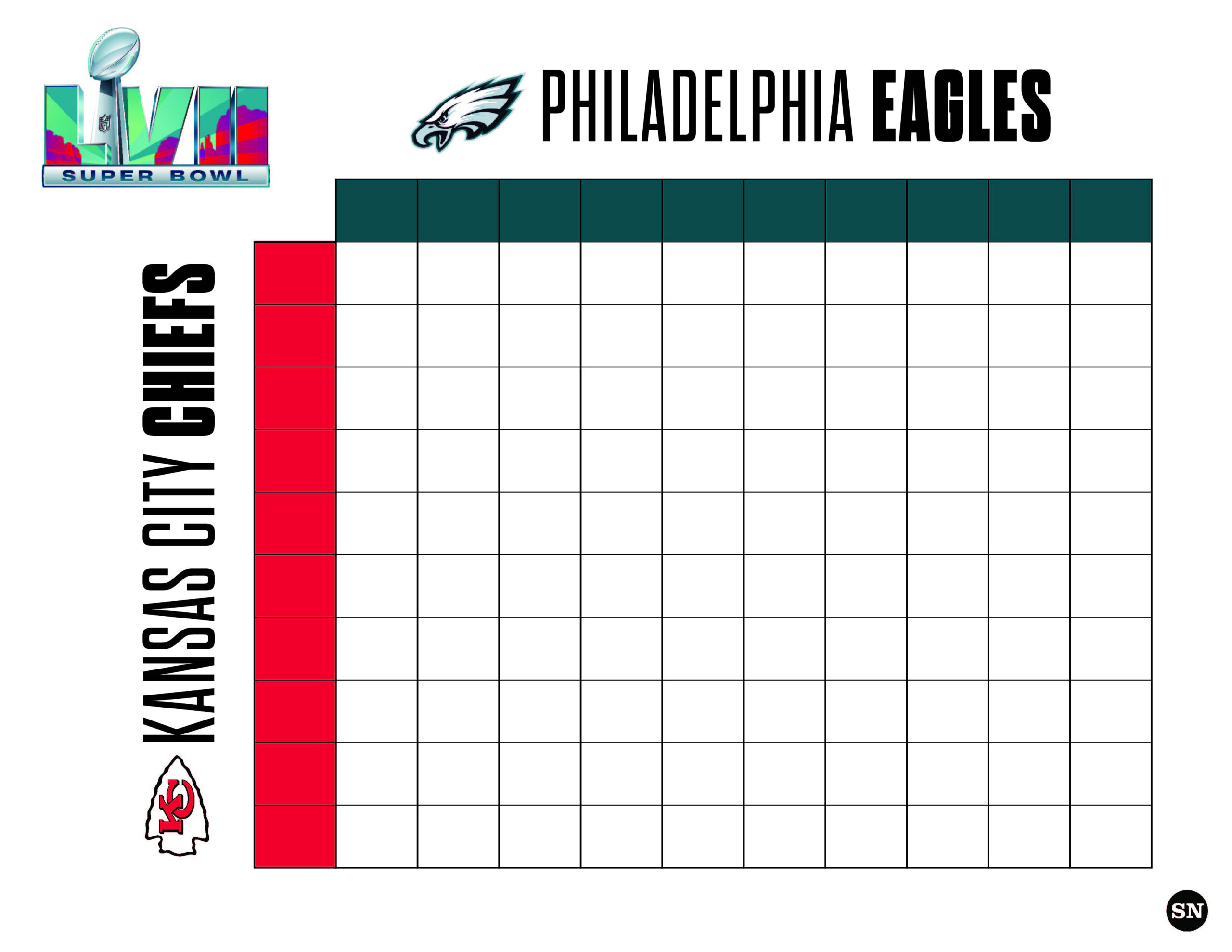 Printable Super Bowl Squares Grid For Eagles Vs. Chiefs In 2023 for Printable Super Bowl Box Pool